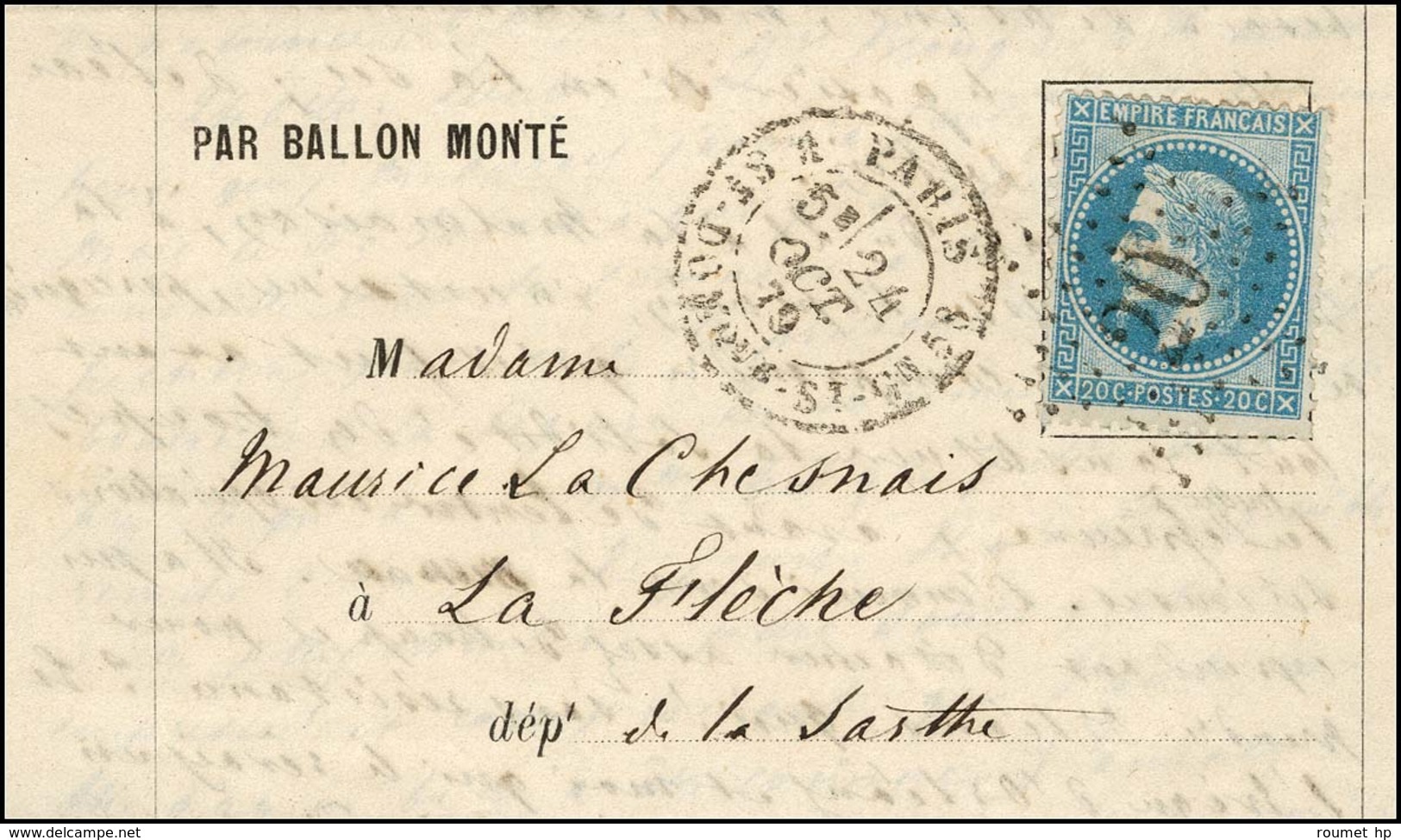 Etoile 20 / N° 29 Càd R. ST. DOMque St Gn 58 24 OCT. 70 Sur Lettre PAR BALLON MONTE Pour La Flèche, Càd D'arrivée 5 NOV. - Guerre De 1870