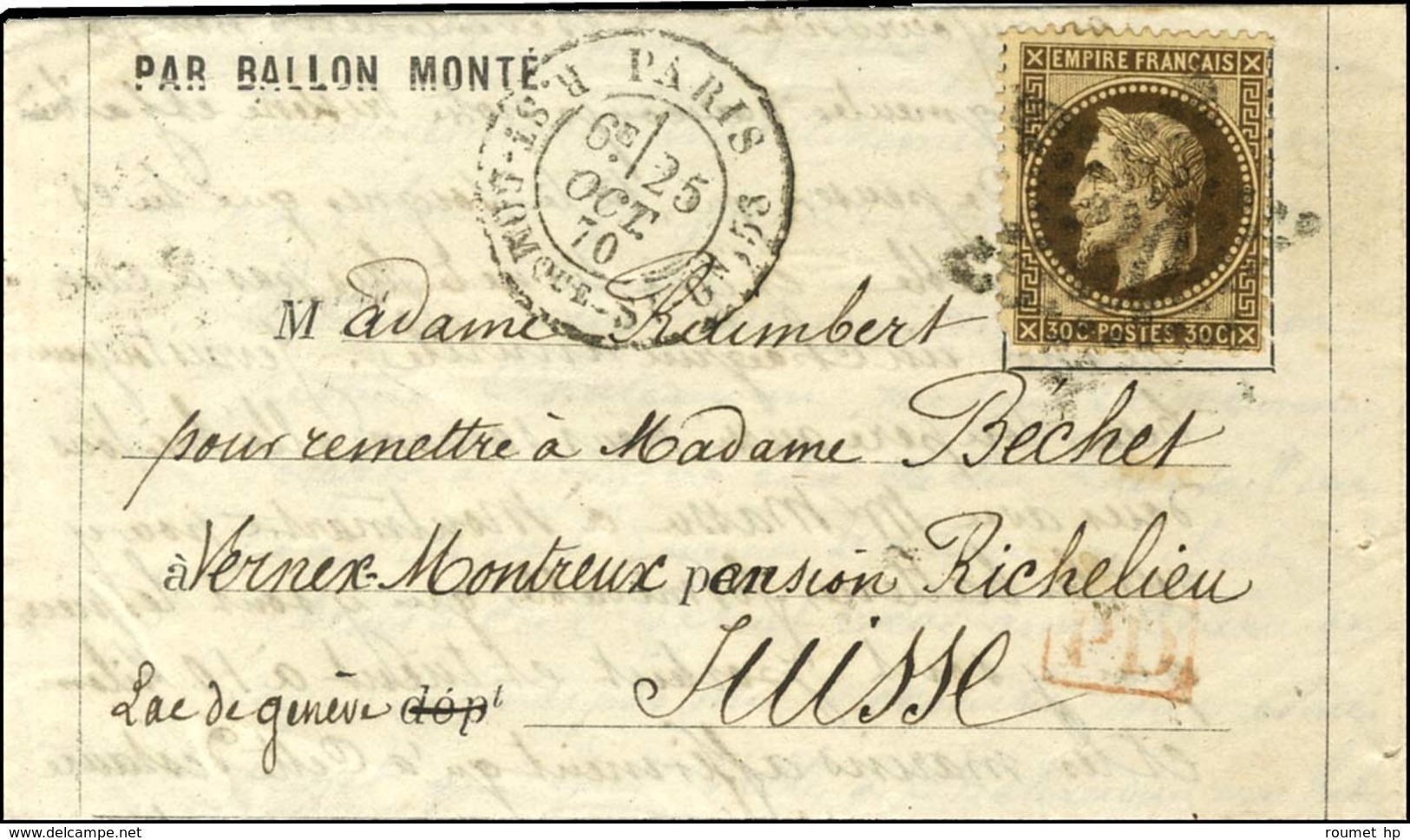 Etoile 20 / N° 30 Càd PARIS / R. St DOMque St Gn 56 25 OCT. 70 (6e Levée) Sur Lettre PAR BALLON MONTÉ Pour Montreux, Au  - Guerre De 1870