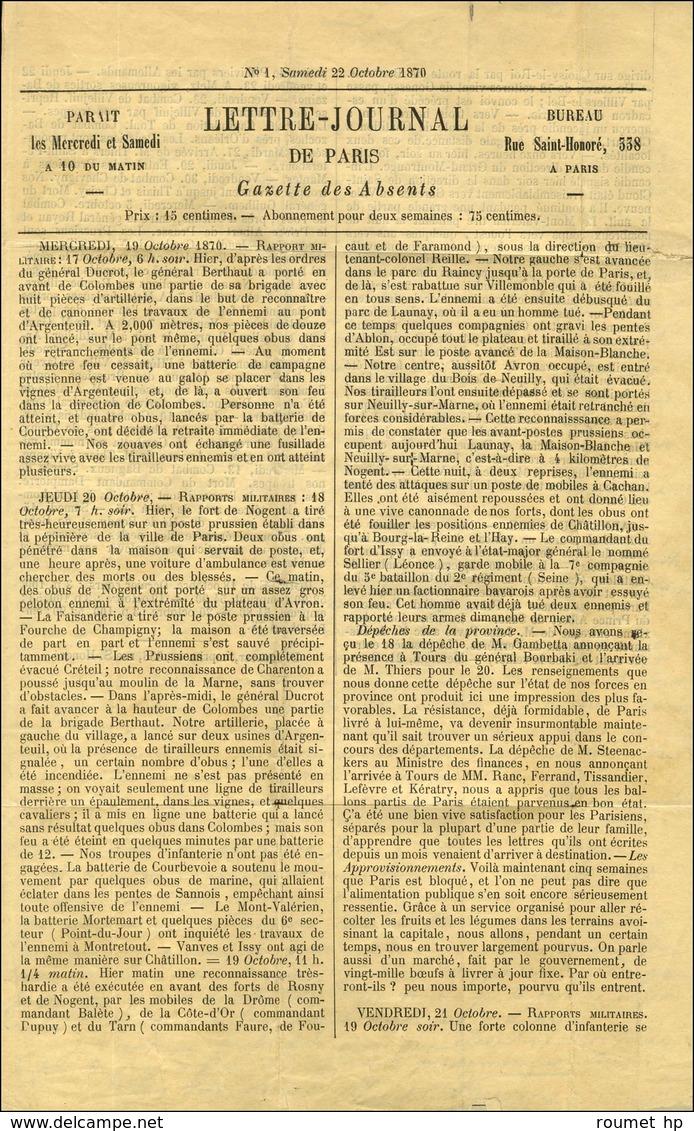 Etoile 24 / N° 29 Càd PARIS / R. DE CLERY 25 OCT. 70 (6e Levée) Sur Gazette Des Absents N° 1 Pour Le Puy, Au Verso Càd D - Guerre De 1870