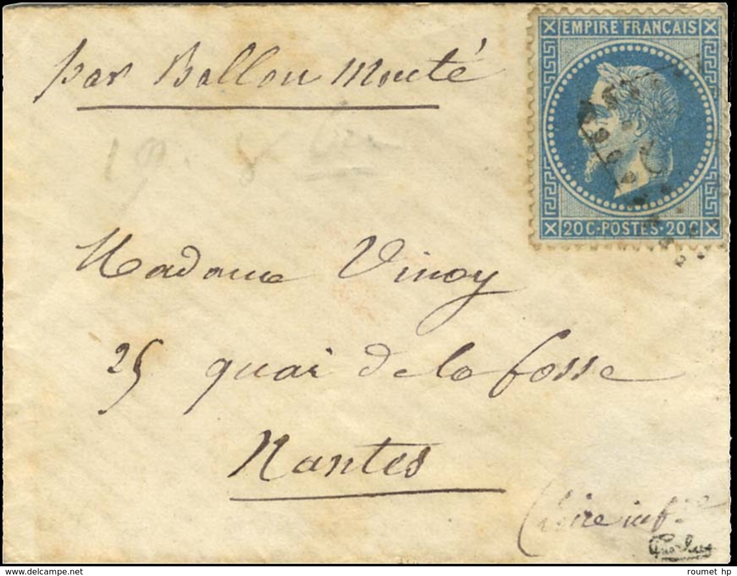 GC 878 (Chaumont En Bassigny) / N° 29 Sur Lettre Pour Nantes, Au Verso Cachet Rouge Des Aérostiers RÉPUBLIQUE FRANCAISE  - Guerre De 1870