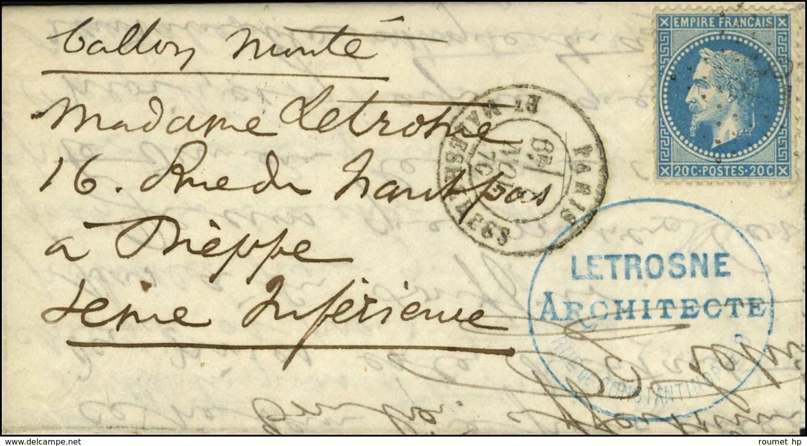 Etoile 37 / N° 29 Càd PARIS / BT MALESHERBES 1 NOV. 70 Sur Lettre Pour Dieppe, Au Recto Cachet Commercial Bleu D'archite - Guerre De 1870