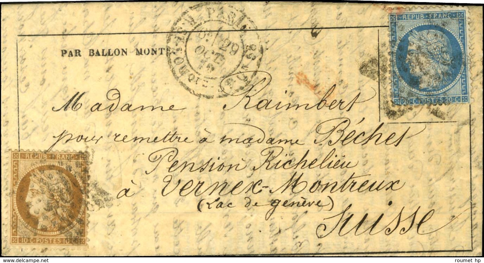 Etoile 20 / N° 36 + 37 Càd PARIS / RUE St DOMque St Gn 58 29 OCT. 70 Sur Gazette Des Absents N° 3 Pour Montreux, Au Vers - Guerre De 1870
