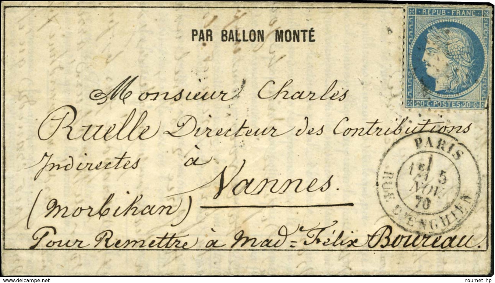 Etoile 4 / N° 37 Càd PARIS / RUE D'ENGHIEN 5 NOV. 70 Sur Journal Poste N° 1 Pour Vannes, Au Verso Càd D'arrivée 10 NOV.  - Guerre De 1870