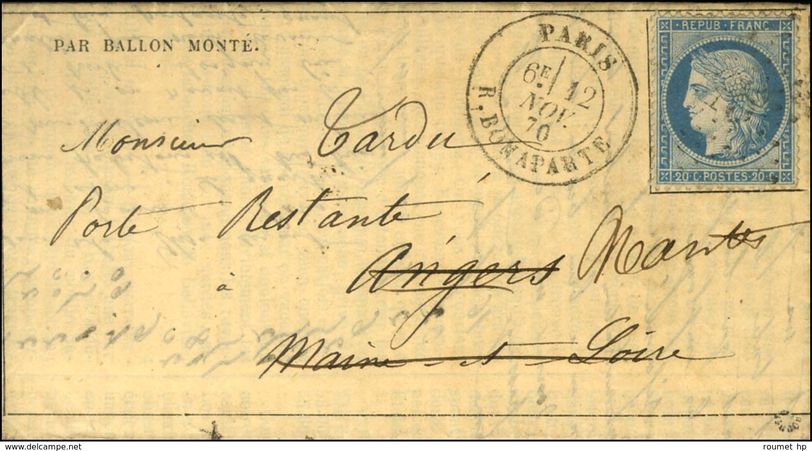 Etoile 15 / N° 37 Càd PARIS / R. BONAPARTE 12 NOV. 70 (6e Levée) Sur Gazette Des Absents N° 7 Pour Angers Réexpédiée à N - Guerre De 1870
