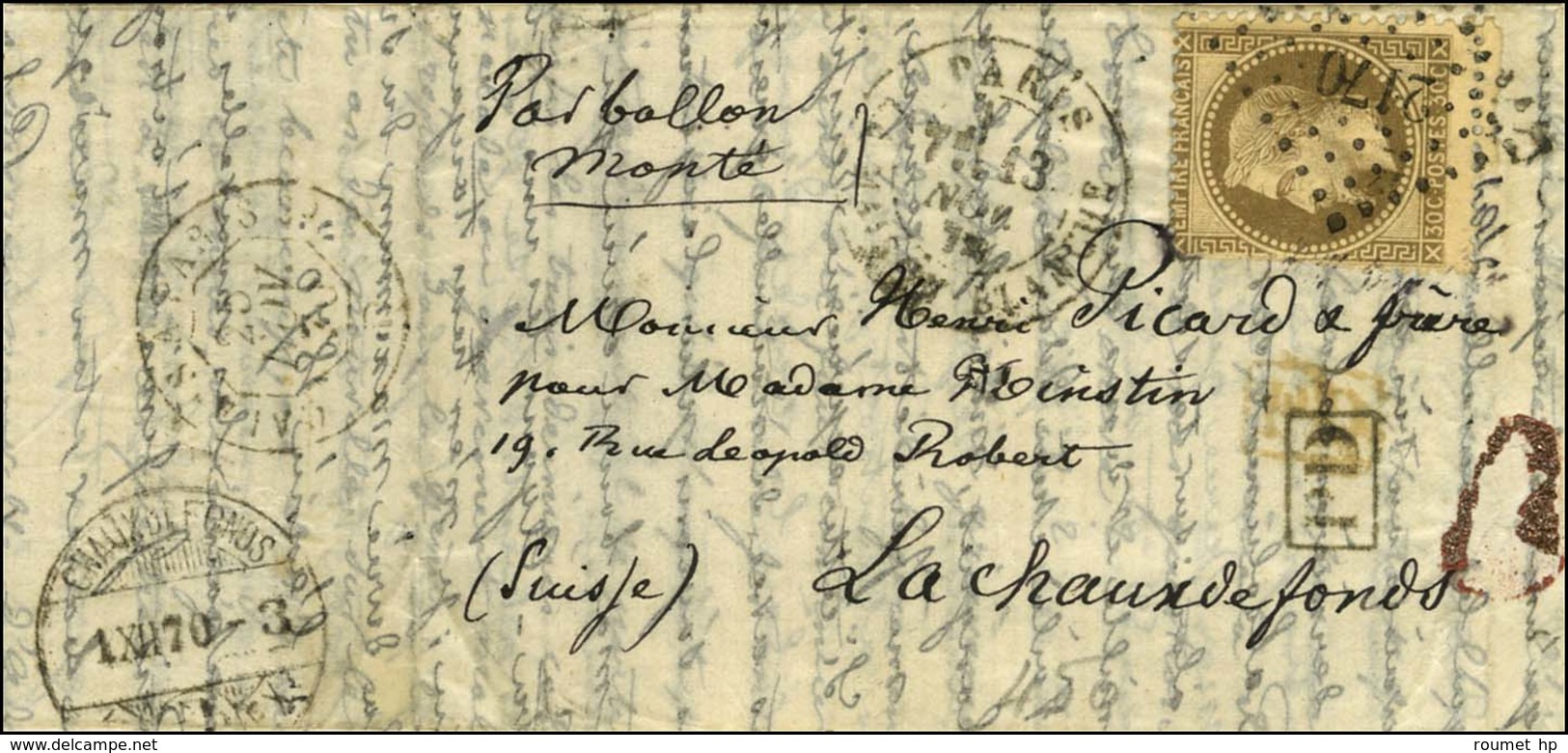 PC Du GC 2170 / N° 30 Càd PARIS / LA MAISON BLANCHE 13 NOV. 70 Sur Lettre Pour La Chaux De Fonds, Au Verso Càd De Passag - Guerre De 1870