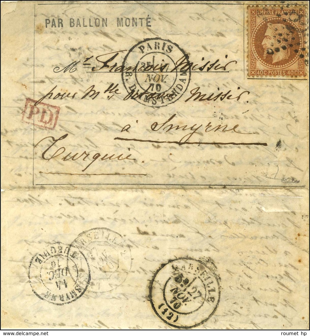 Etoile 18 / N° 31 Càd PARIS / R. D'AMSTERDAM 17 NOV. 70 Sur Lettre PAR BALLON MONTE Adressée Au Bureau Français De Smyrn - Guerre De 1870