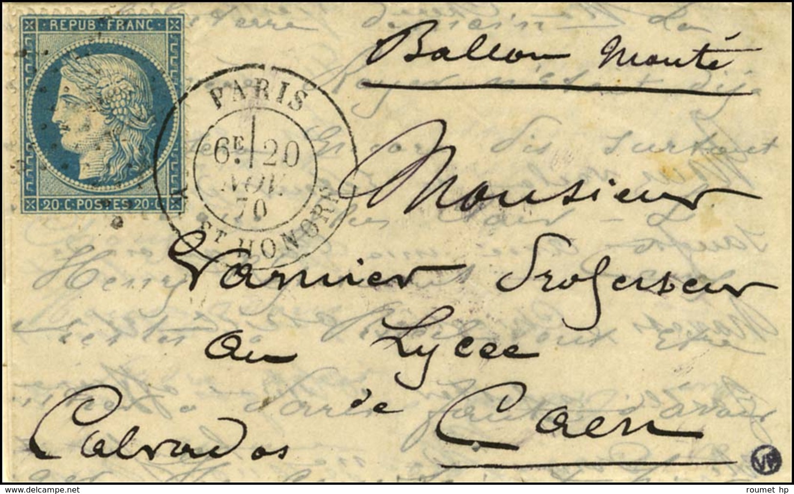 Etoile 11 / N° 37 Càd PARIS / R. St HONORE 20 NOV. 70 Sur Lettre Pour Caen, Au Verso Càd De Passage PARIS A CHERBOURG 28 - Guerre De 1870
