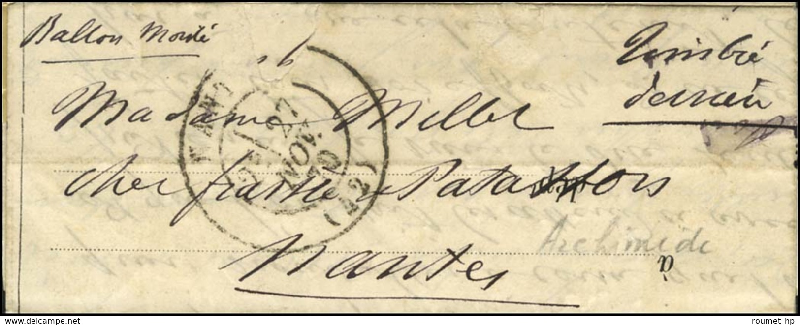 Etoile 1 / N° 37 Càd PARIS / PL. DE LA BOURSE 20 NOV. 70 Sur Lettre (très Petit Format) PAR BALLON MONTE Pour Nantes, Au - Guerre De 1870