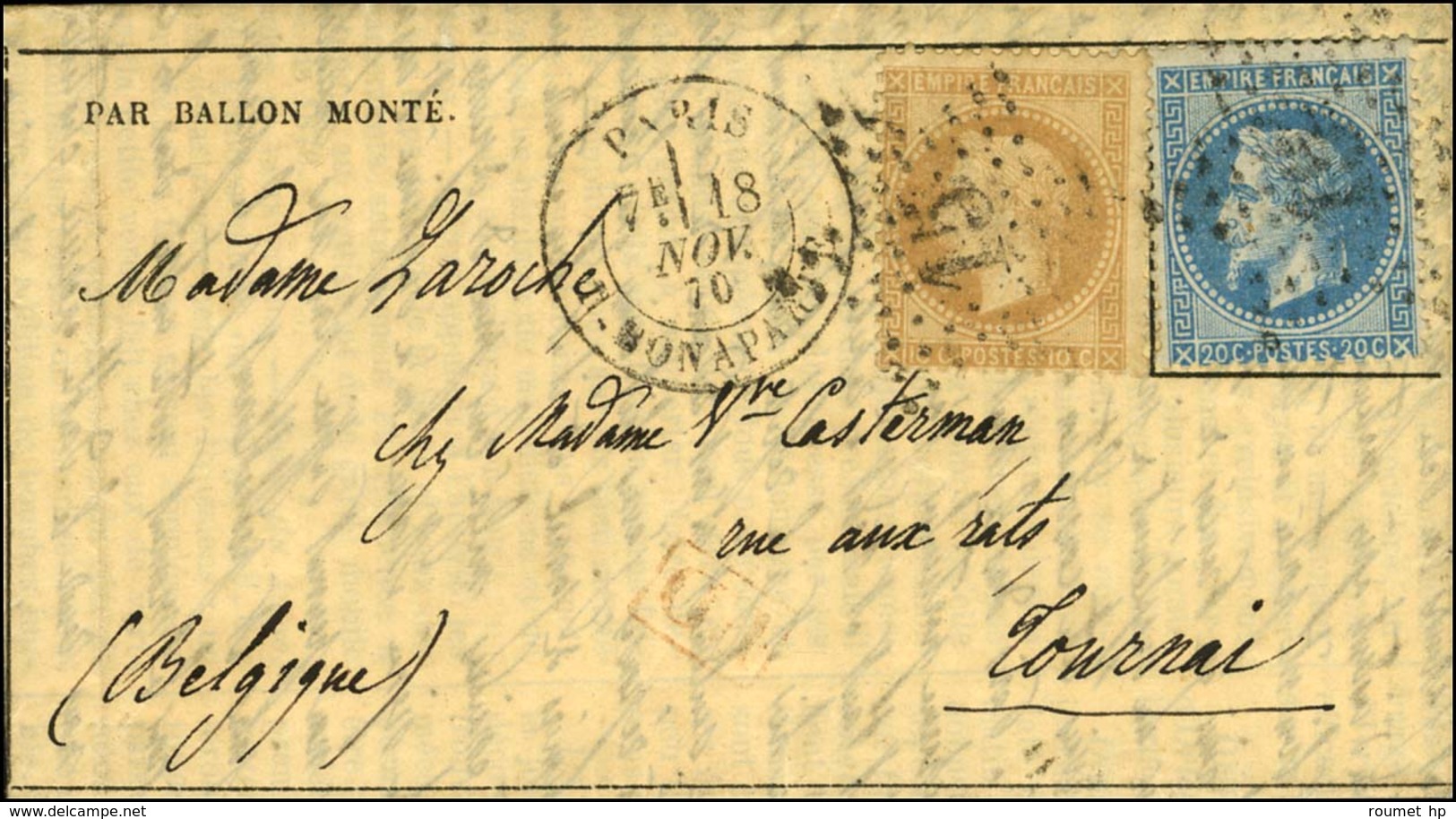 Etoile 15 / N° 28 + 29 Càd PARIS / R. BONAPARTE 18 NOV. 70 Sur Gazette Des Absents N° 8 Pour Tournai, Au Verso Càd D'arr - Guerre De 1870