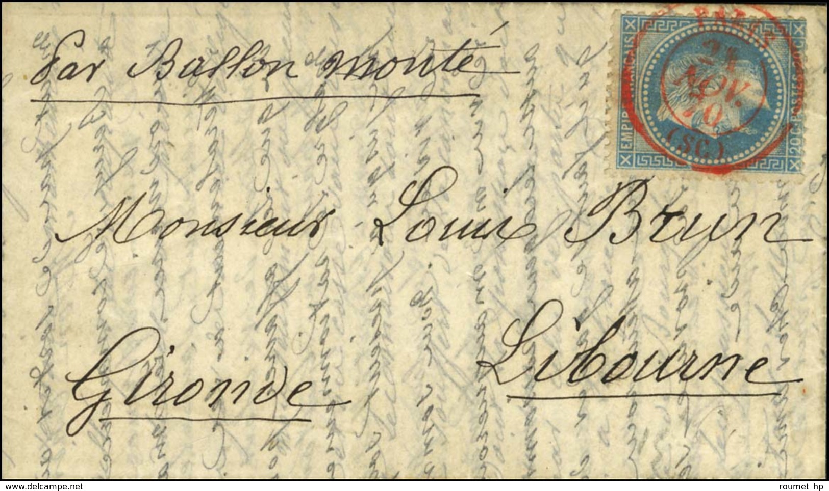 Cachet Rouge PARIS (SC) 21 NOV. 70 / N° 29 Sur Lettre Pour Libourne, Au Verso Càd D'arrivée 10 DEC. 70. LE VILLE D'ORLÉA - Guerre De 1870