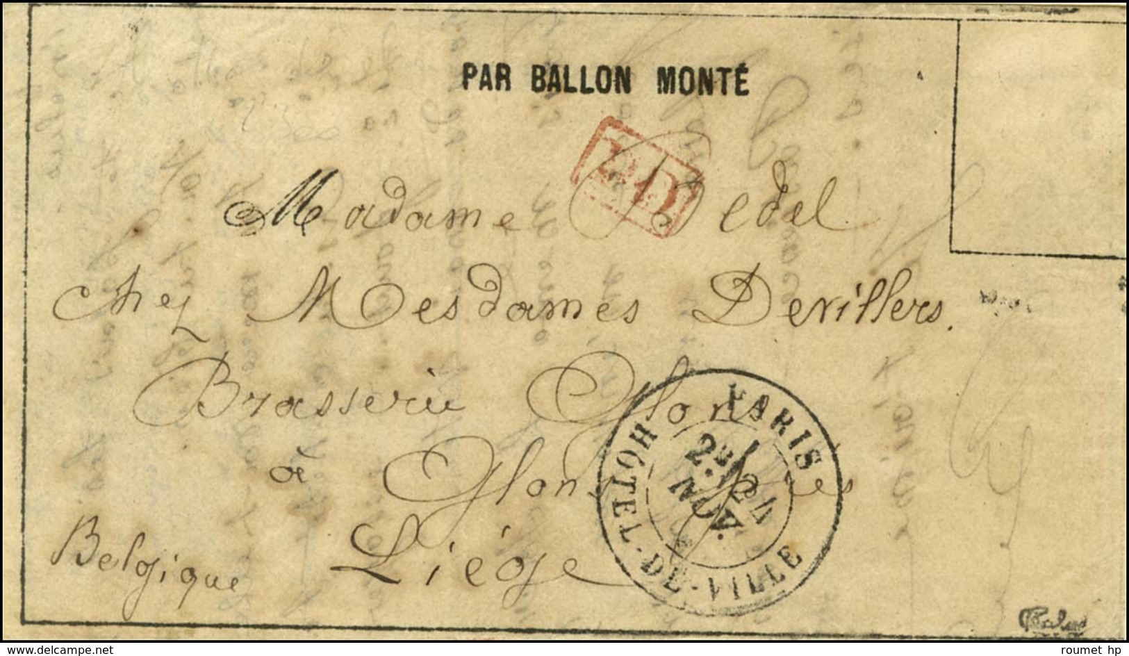 Càd PARIS / HOTEL DE VILLE 24 NOV. 70 Sur Lettre PAR BALLON MONTE (timbre Tombé Par Immersion) Pour Liège, Texte Mention - Guerre De 1870