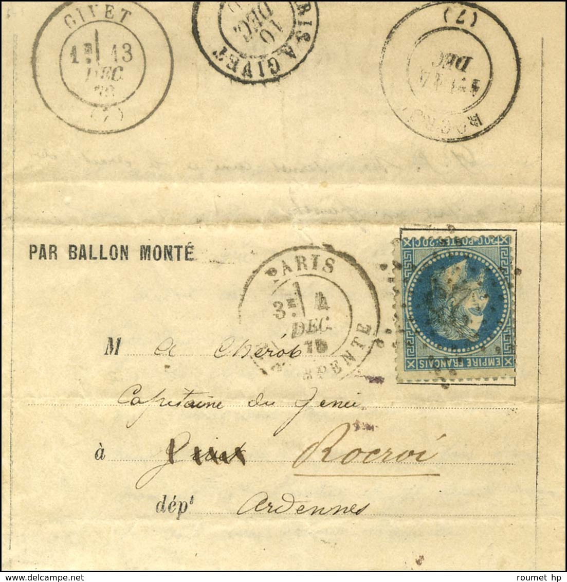 Etoile 25 / N° 29 Càd PARIS / R. SERPENTE 4 DEC. 70 Sur Lettre PAR BALLON MONTE Pour Givet Réexpédiée à Roccroi (Ardenne - Guerre De 1870