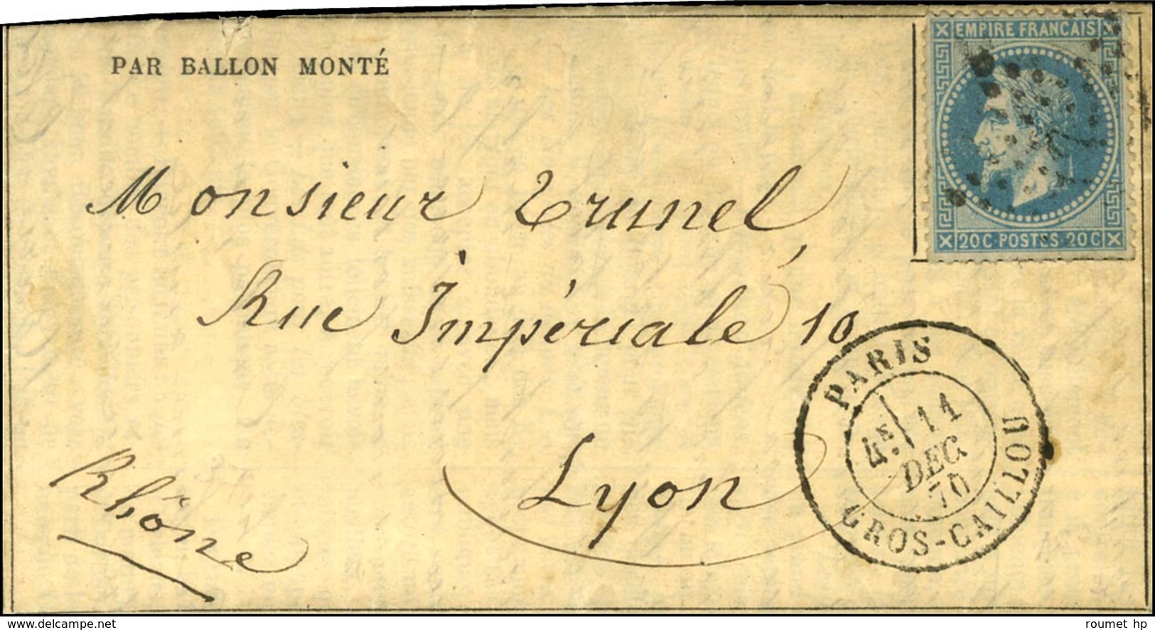 Etoile 27 / N° 29 Càd PARIS / GROS-CAILLOU 11 DEC. 70 Sur Gazette Des Absents N° 14 Pour Lyon Sans Càd D'arrivée. Courri - Guerre De 1870