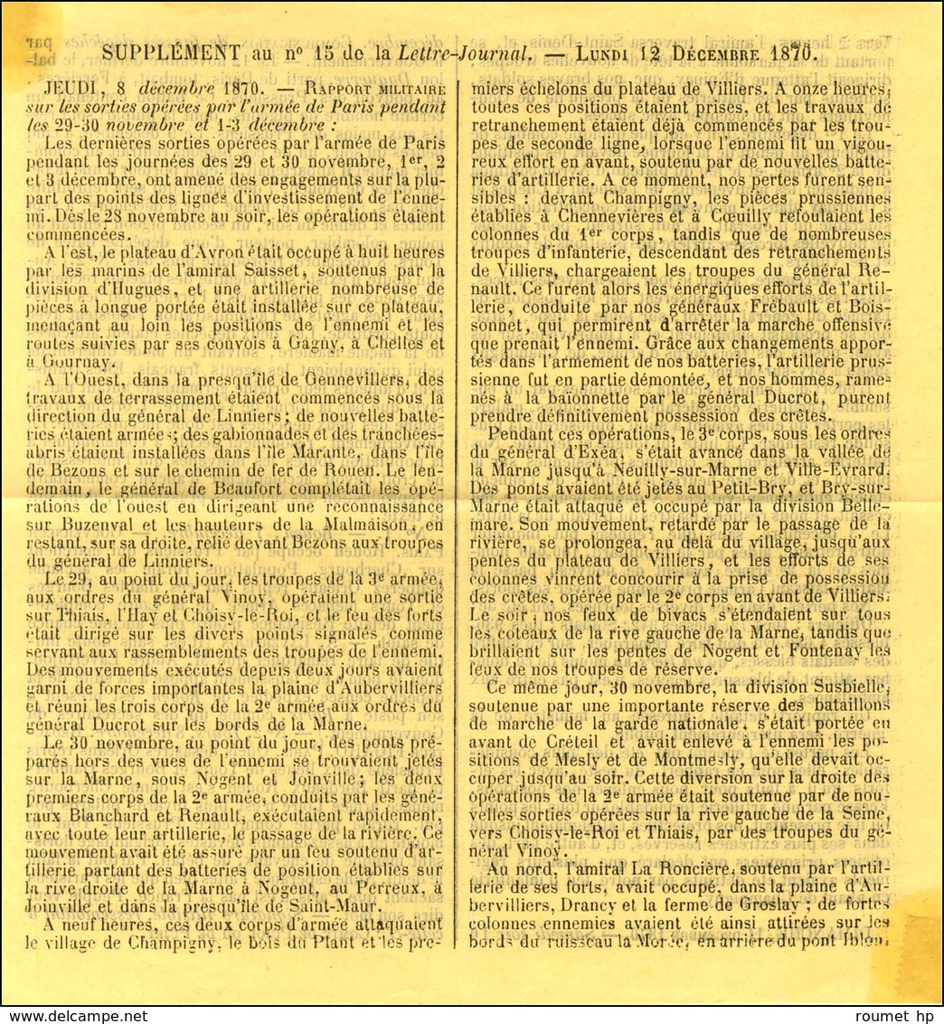 Etoile 18 / N° 37 Càd PARIS / R. D'AMSTERDAM 10 DEC. 70 6e Levée Sur Gazette Des Absents N° 15 + Supplément Pour Pornic, - Guerre De 1870