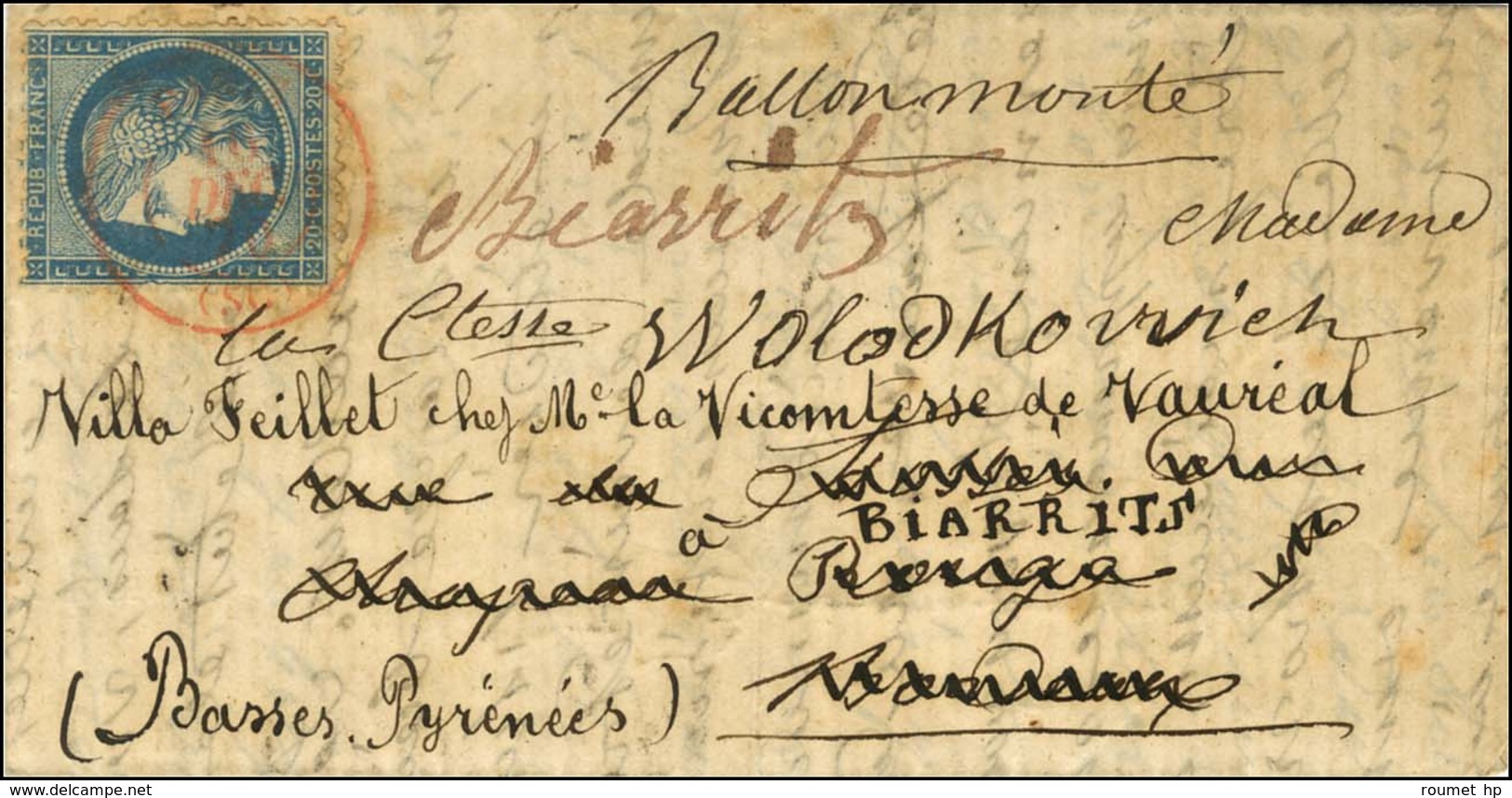 Càd Rouge PARIS (SC) 16 DEC. 70 / N° 37 Sur Lettre Pour Bordeaux Réexpédiée à Biarritz, Au Verso Beau Cachet Bleu Orné G - Guerre De 1870