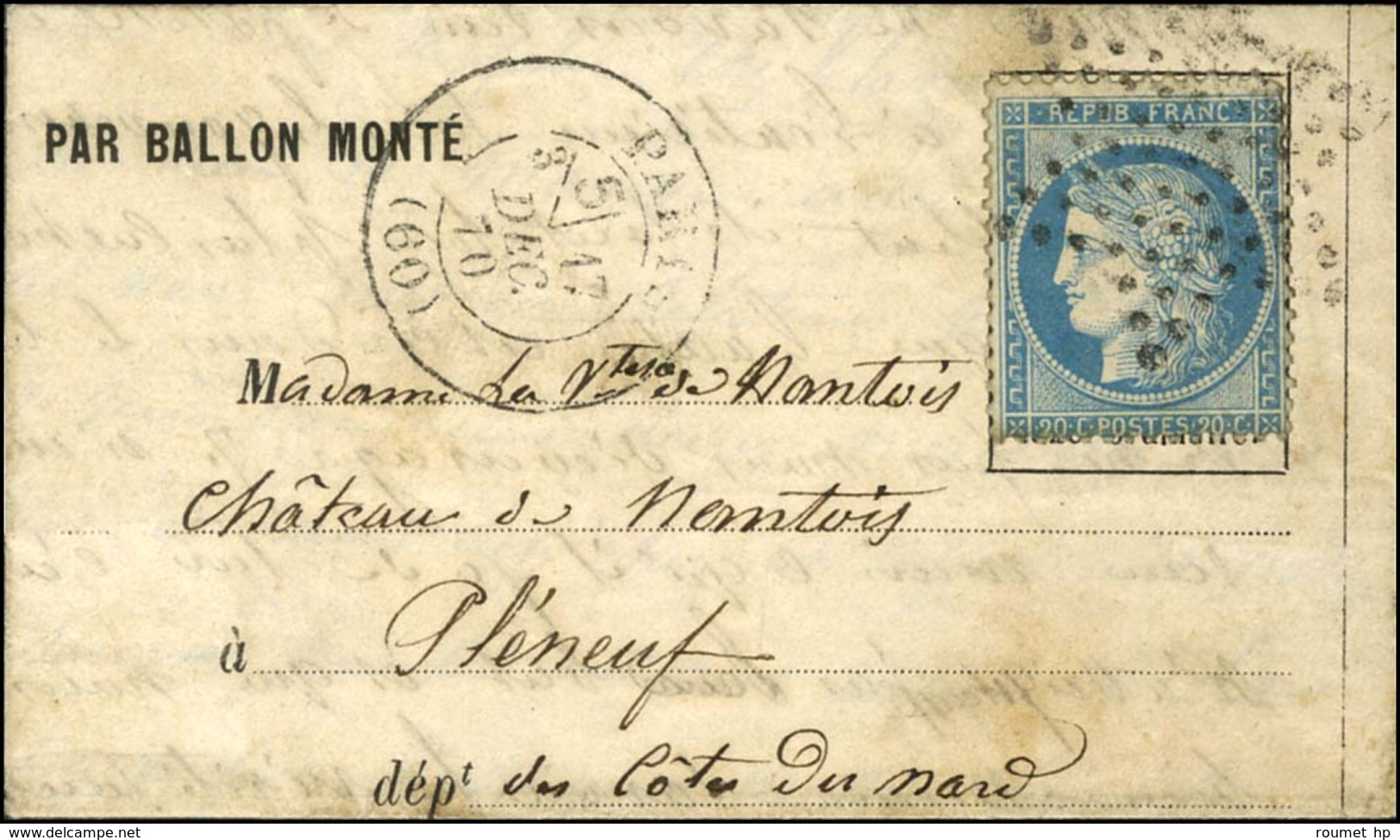 Etoile / N° 37 Càd PARIS (60) 17 DEC. 70 Sur Lettre PAR BALLON MONTÉ Pour Pléneuf (Côte Du Nord), Au Verso Càd D'arrivée - Guerre De 1870