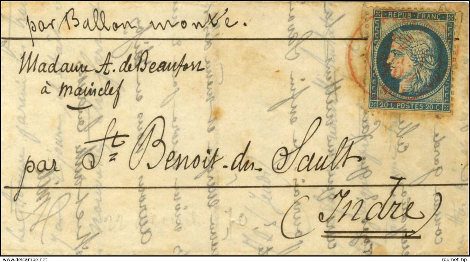 Càd Rouge PARIS (SC) 22 DEC. 70 / N° 37 Sur Lettre Pour St Benoît Du Sault, Au Verso Càd D'arrivée 28 DEC. 70. LE DÉLIVR - Guerre De 1870