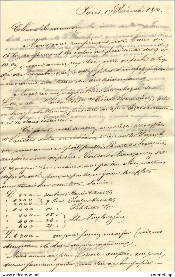 Lettre Avec Texte Daté De Paris Le 17 Décembre 1870 Acheminée Par Le Passeur Barthé Jusqu'à Londres, Au Recto GC 2654 /  - Guerre De 1870