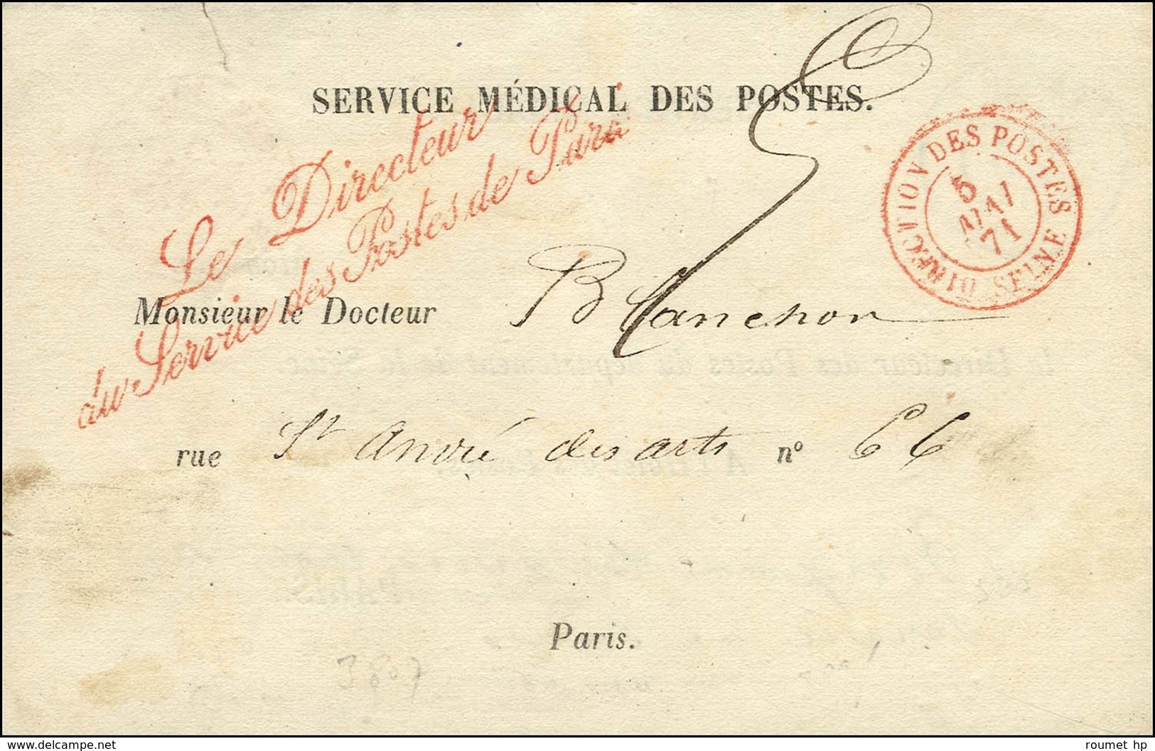 Càd Rouge DIRECTION DES POSTES / SEINE 5 MAI 71 Sur Lettre En Franchise '' Le Directeur / Du Service Des Postes De Paris - Guerre De 1870