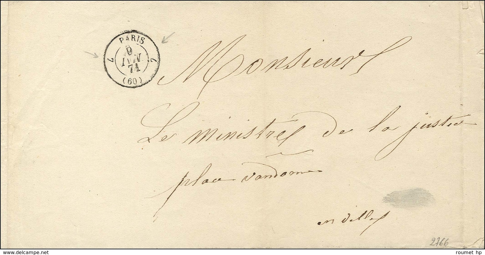 Càd 7 PARIS 7 (60) 9 MAI 71 Sur Lettre En Franchise Pour Le Ministre De La Justice Place Vendôme. - TB / SUP. - R. - Krieg 1870