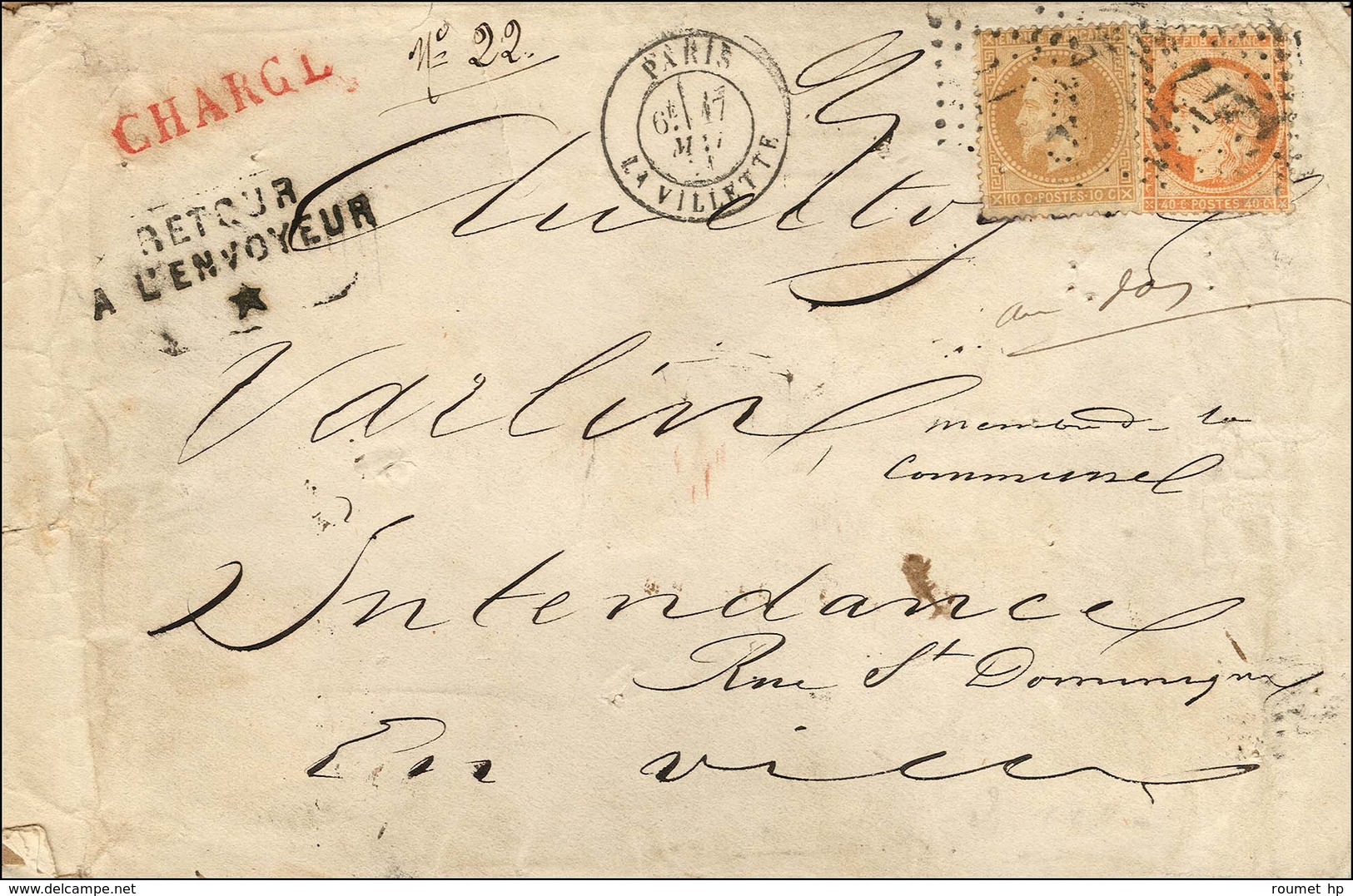 GC 4277 / N° 28 + 38 Càd PARIS / LA VILLETTE 17 MAI 1871 Sur Lettre Chargée De Paris Pour Paris. Au Verso, Descriptif De - Guerre De 1870