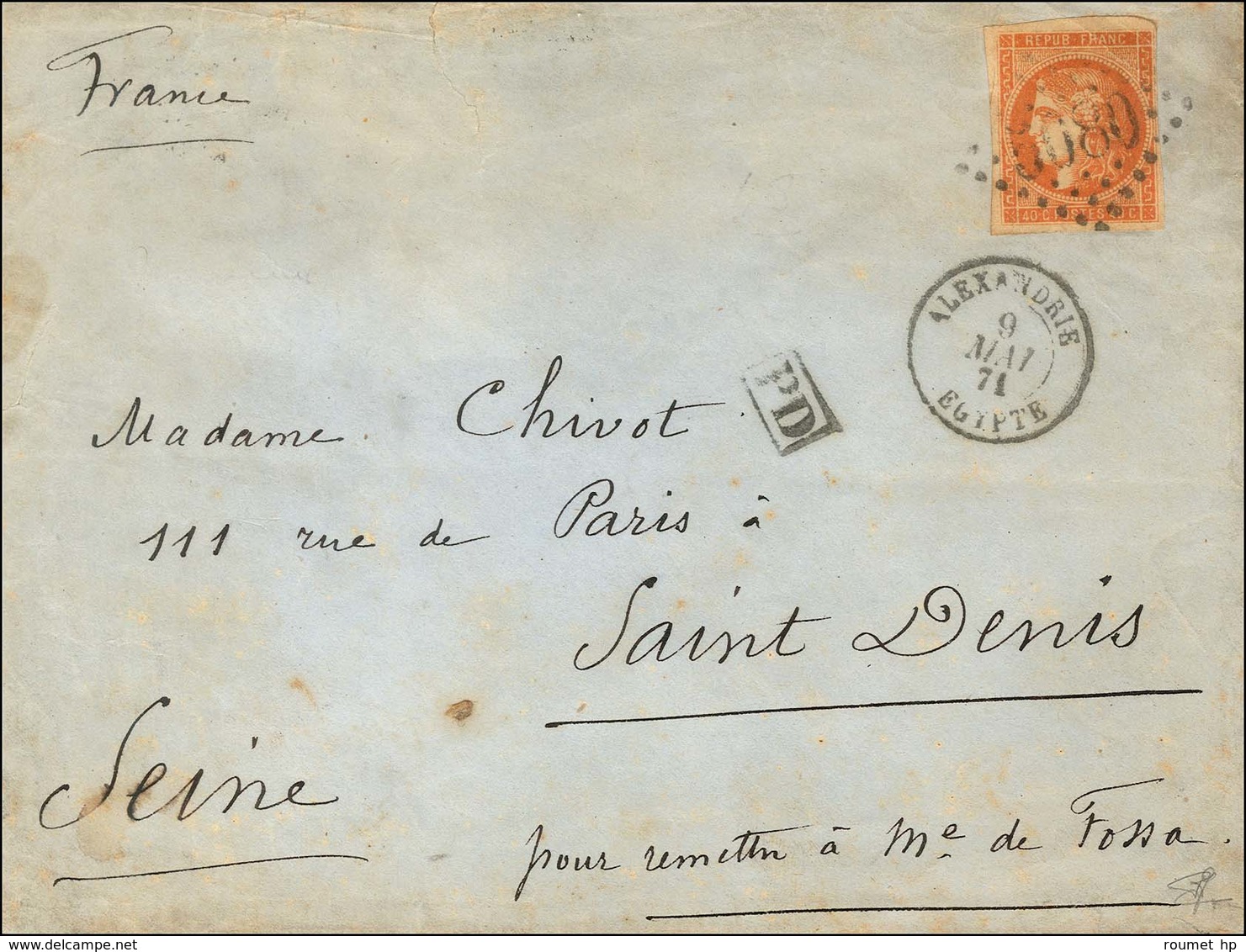 Lettre D'Alexandrie Pour St Denis, Pour Remettre à Me De Fossa (à Paris). GC 5080 / N° 48 (infime Froissure) Càd ALEXAND - Guerre De 1870