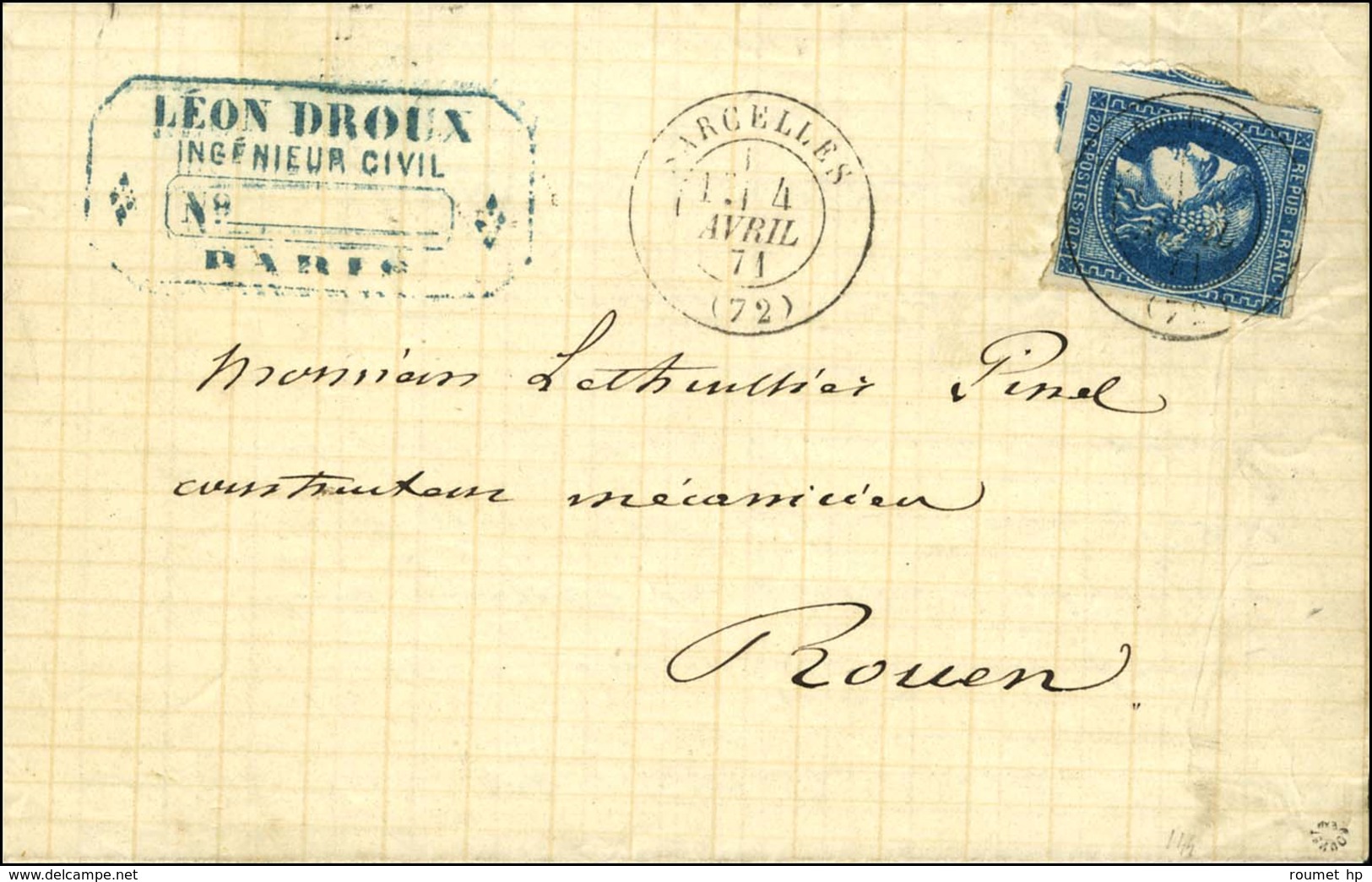 Lettre Avec Texte Daté De Paris Le 2 Avril 1871 Acheminée Par Passeur Privé Et Remise Au Bureau De Sarcelles Pour Rouen. - Guerre De 1870