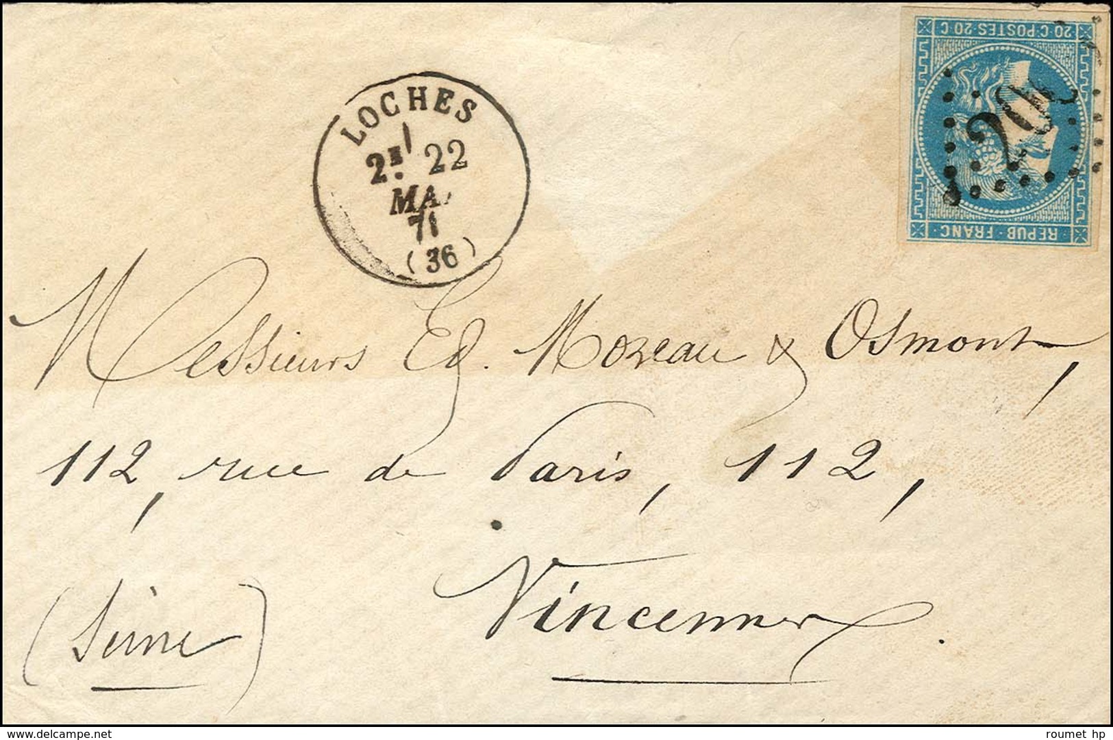 GC 2066 / N° 46 Càd T 16 LOCHES (36) 22 MAI 71 Sur Lettre Adressée à L'Agence Moreau Et Osmont à Vincennes. Au Verso, Tr - Guerre De 1870