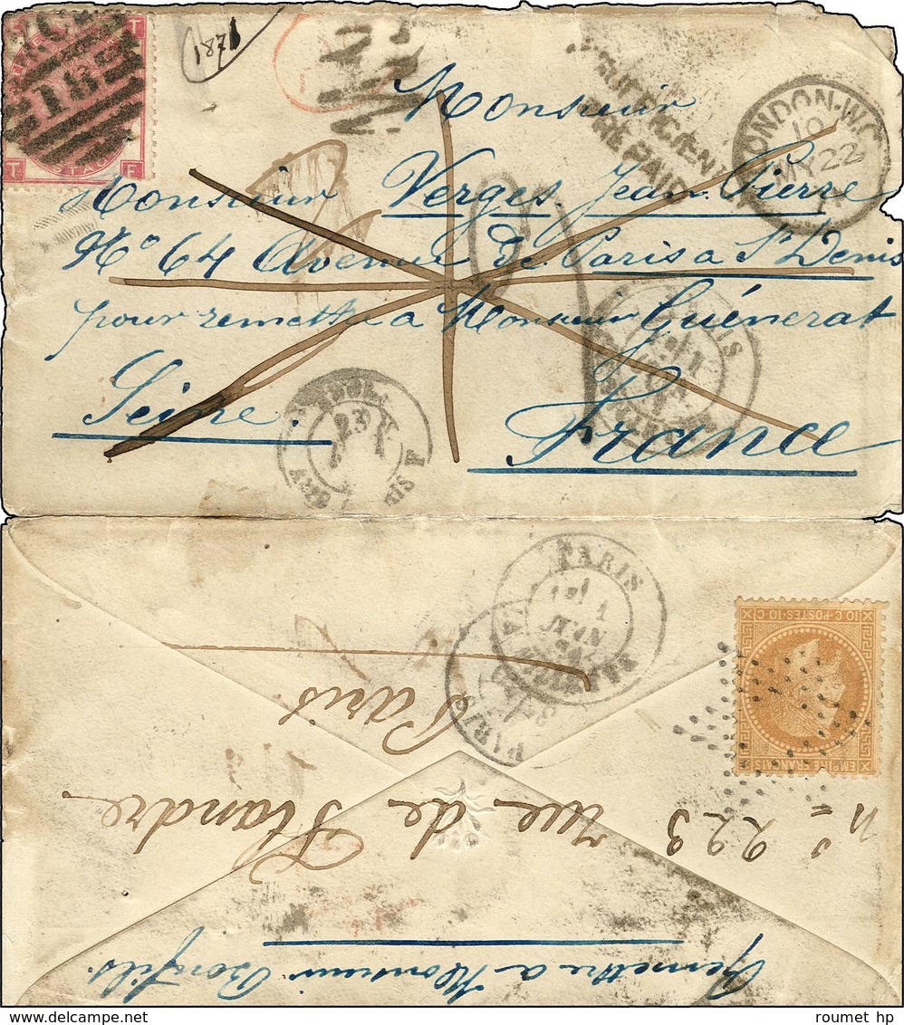 Lettre Insuffisamment Affranchie De Londres Le 22 Mai 1871 Pour Mr Verges à Saint Denis Pour Remettre à Mr Guenerat (à P - Guerre De 1870