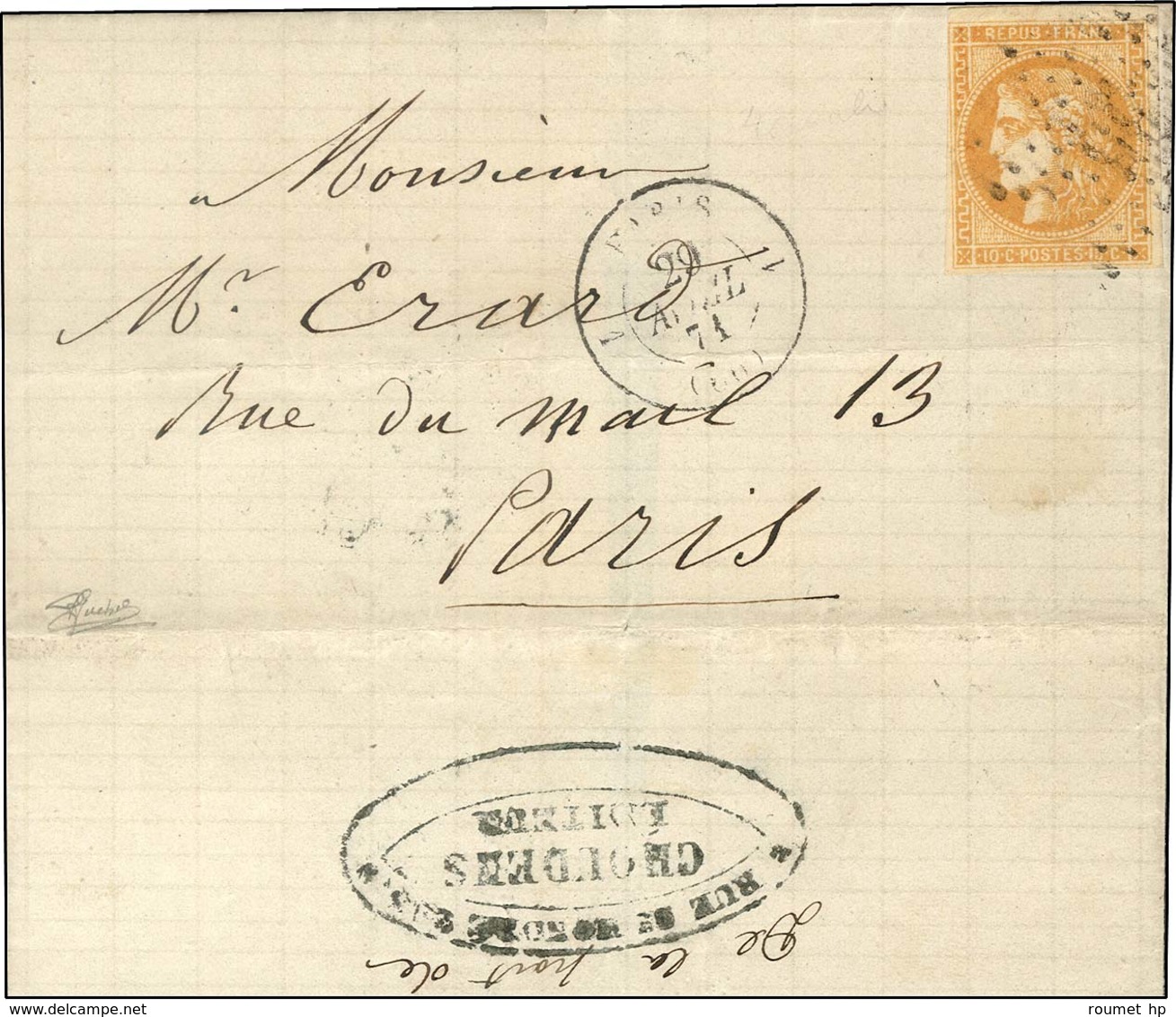 Lettre Non Affranchie Adressée Sous Double Enveloppe à L'Agence Choudens. Cette Dernière Se Charge De Remettre Cette Let - Guerre De 1870