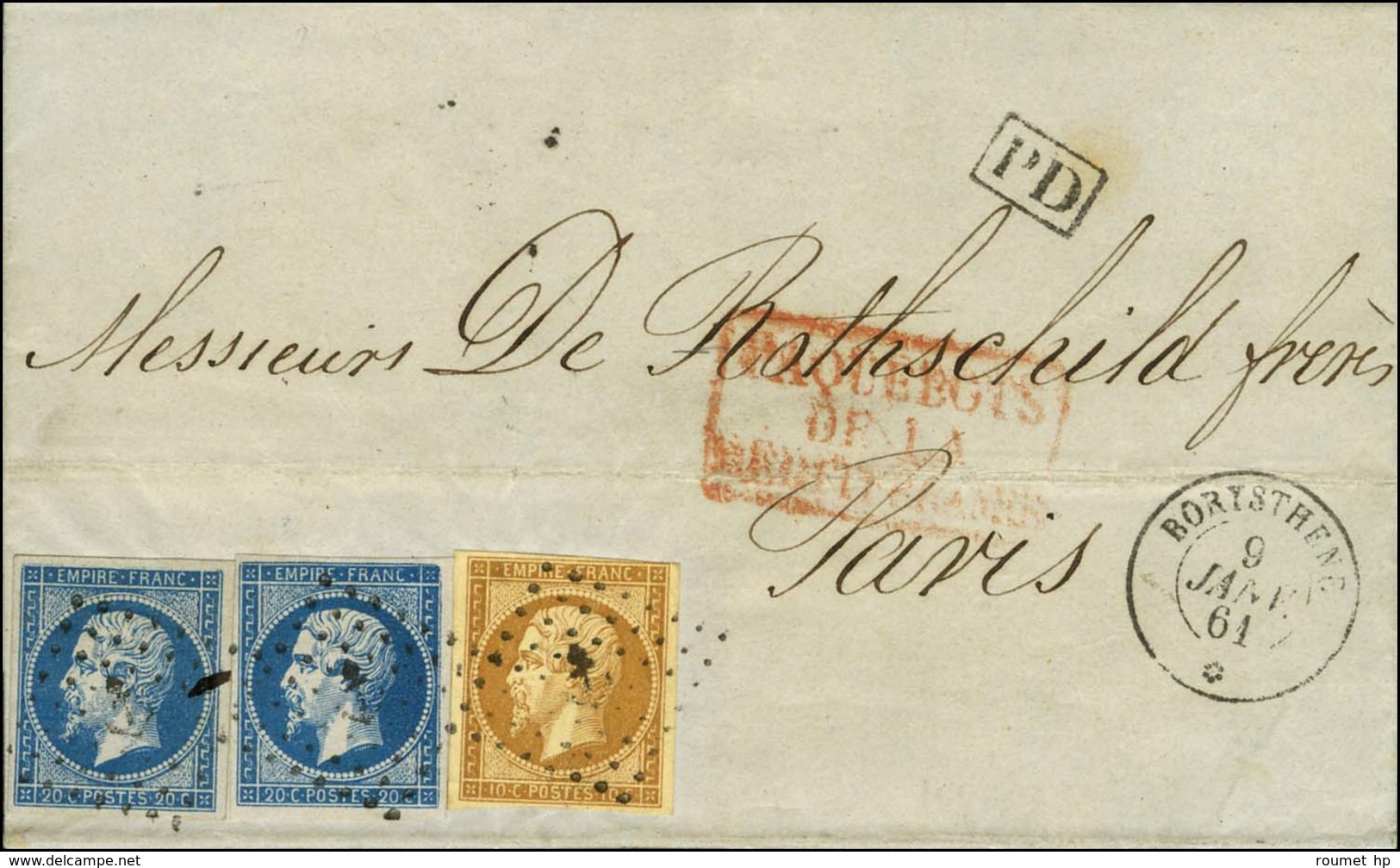 Ancre / N° 13 + 14 (2) Càd BORYSTHENE / * 9 JANV. 61 (1ère Date Vue) Sur Lettre De Constantinople Pour Paris. - SUP. - R - Correo Marítimo