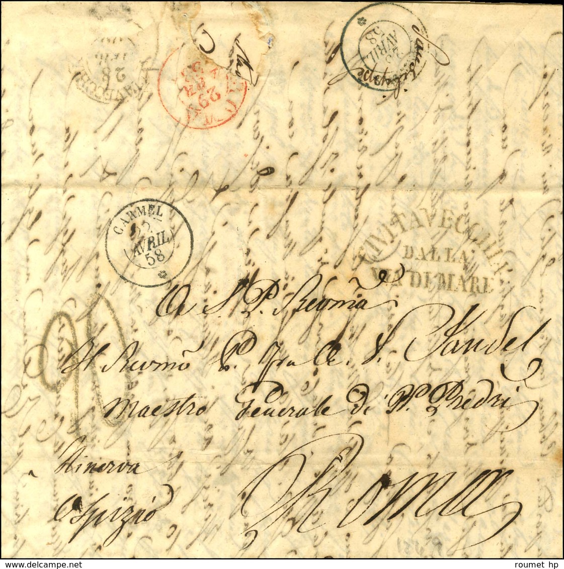 Càd CARMEL / * 22 AVRIL 58 Sur Lettre De Constantinople Pour Rome. A L'escale De Messine, La Lettre Emprunte Le Paquebot - Poste Maritime