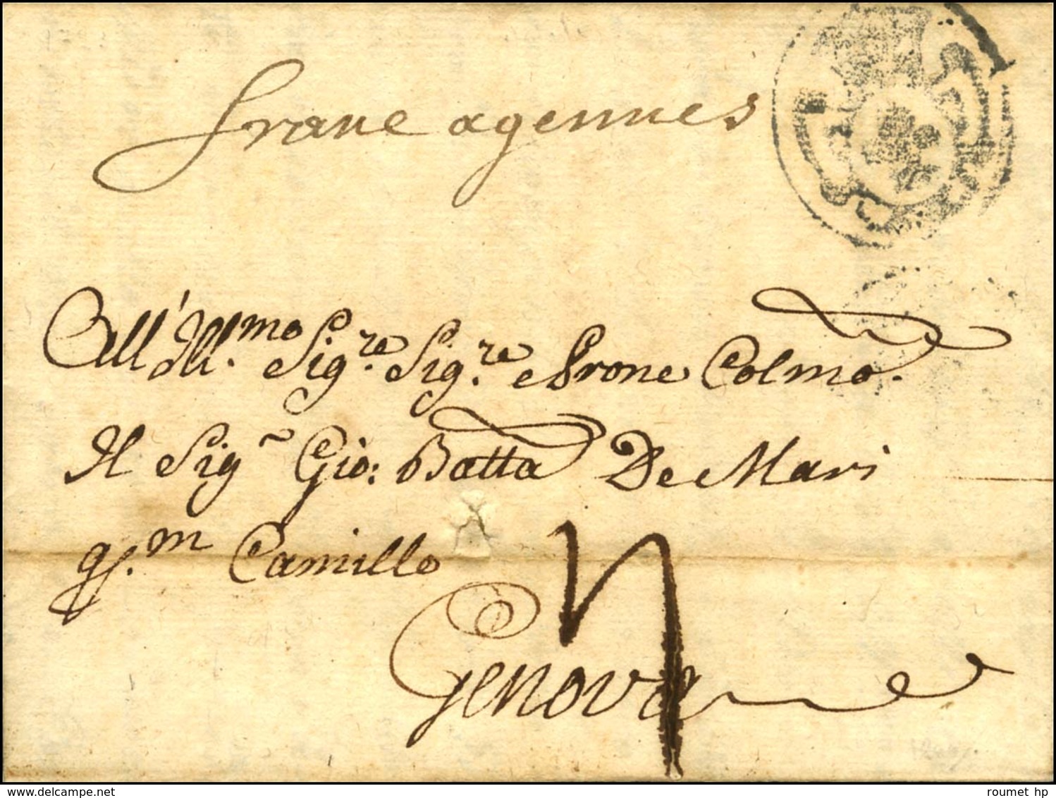 Lettre Avec Texte Daté De Paris Le 12 Octobre 1723 Pour Gênes, Au Recto Port Payé Orné (P. 2702) Et Mention Manuscrite ' - 1701-1800: Précurseurs XVIII