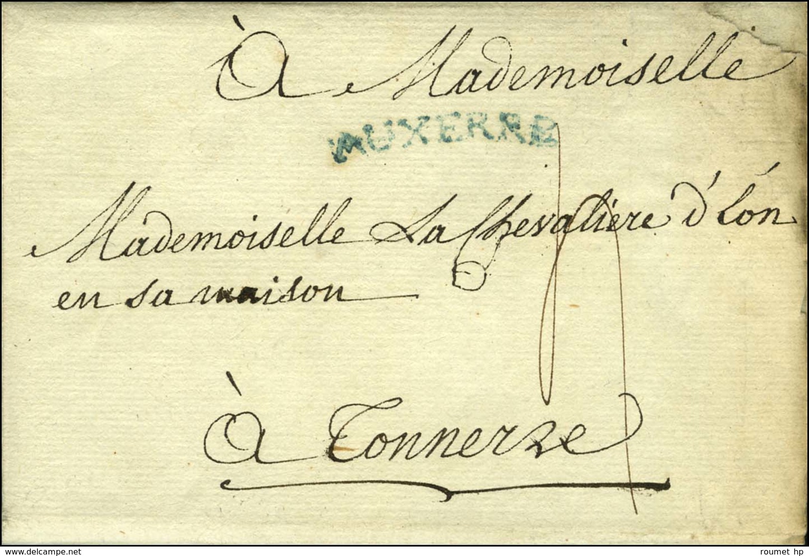 AUXERRE Bleu Sur Lettre Daté De Pontigny Adressée Par L'abbé De Pontigny à Mademoiselle La Chevalière D'Eon. 1783. - TB. - 1701-1800: Précurseurs XVIII