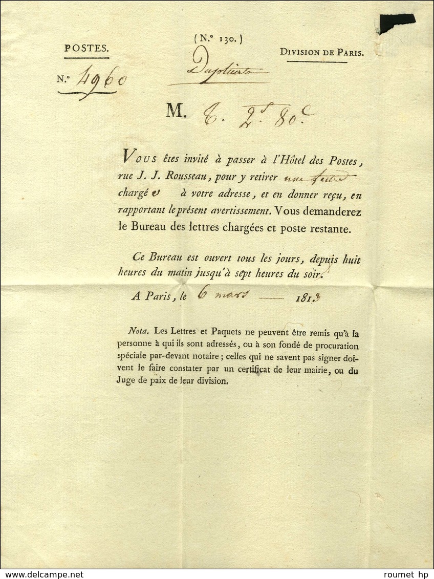 MP Encadrée Rouge PARIS Sur Avis De Réception D'une Lettre Chargée Datée De Paris Le 6 Mars 1813. - SUP. - Autres & Non Classés