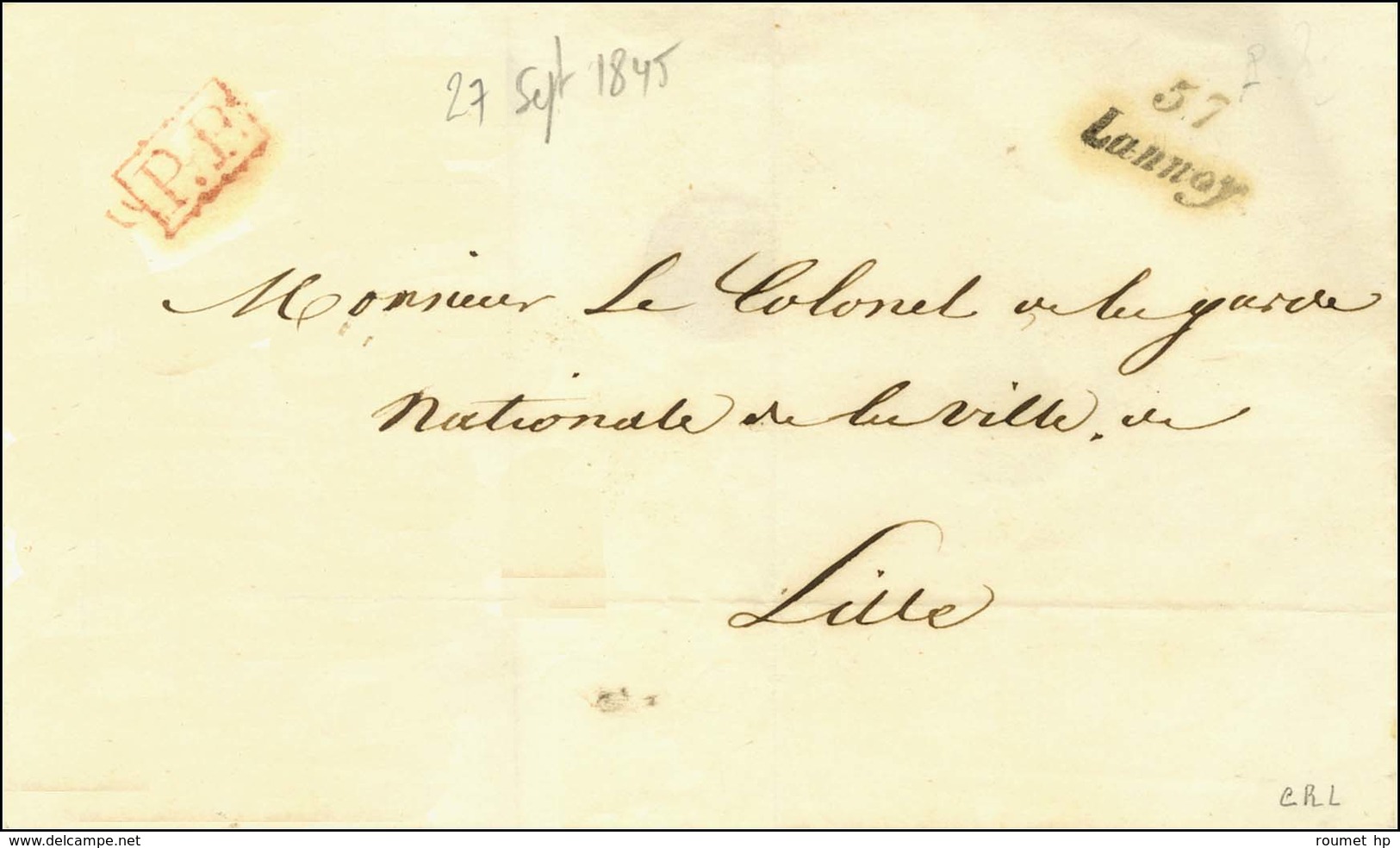 Cursive 57 / Lannoy P.P. Rouge Sur Lettre Pour Lille, Au Verso Càd D'arrivée. 1845. - SUP. - R. - Autres & Non Classés