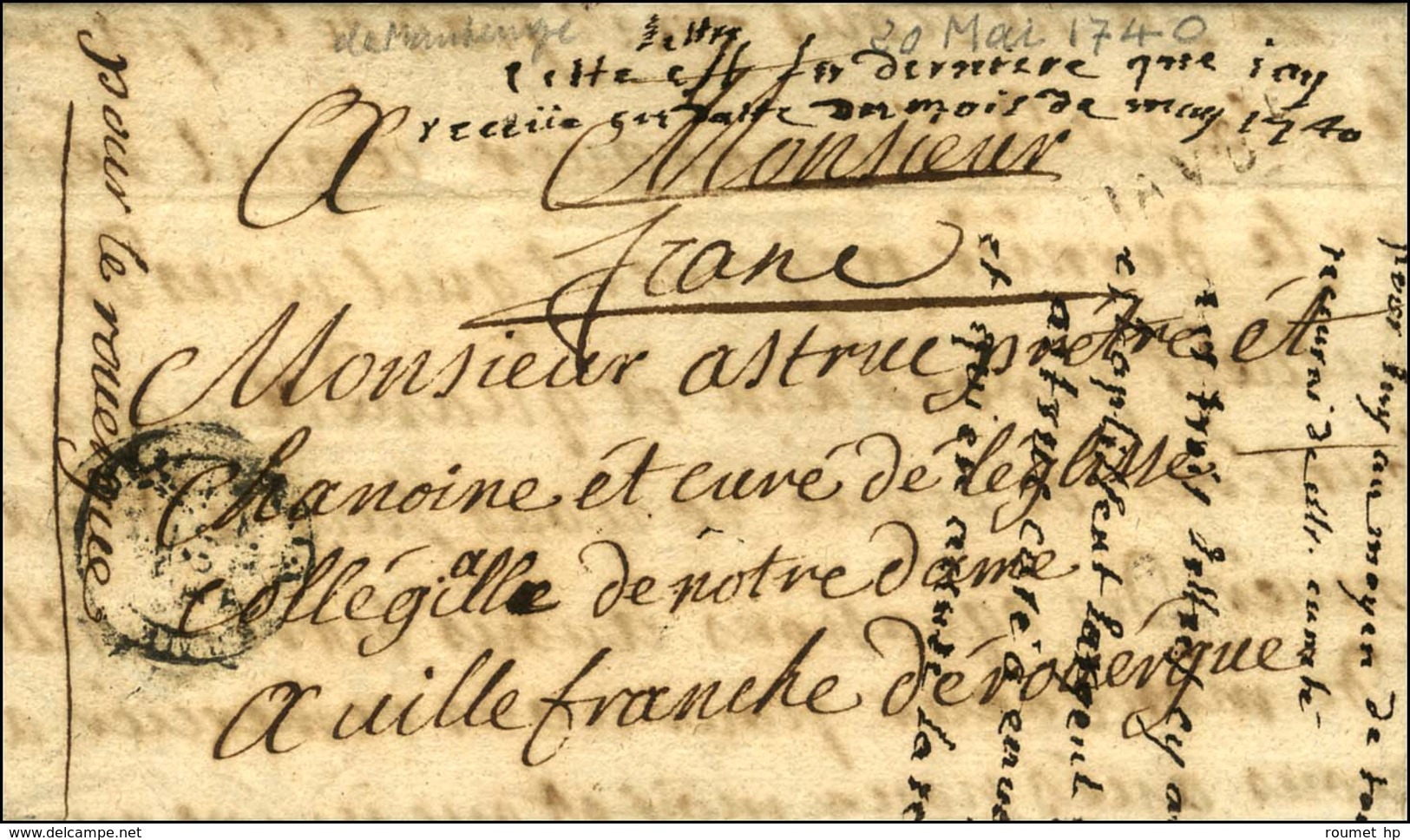 Lettre Avec Texte Daté De Maubeuge Le 20 Mai 1740 Pour Villefranche De Rouergue, Au Recto Marque Manuscrite '' Franc ''  - Autres & Non Classés