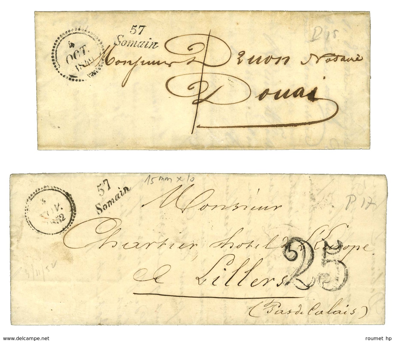 Lot De 2 Lettres Avec Cursive 57 / Somain : (17 X 8 De 1849) Et (17 X 9,5 De 1852). - SUP. - Autres & Non Classés