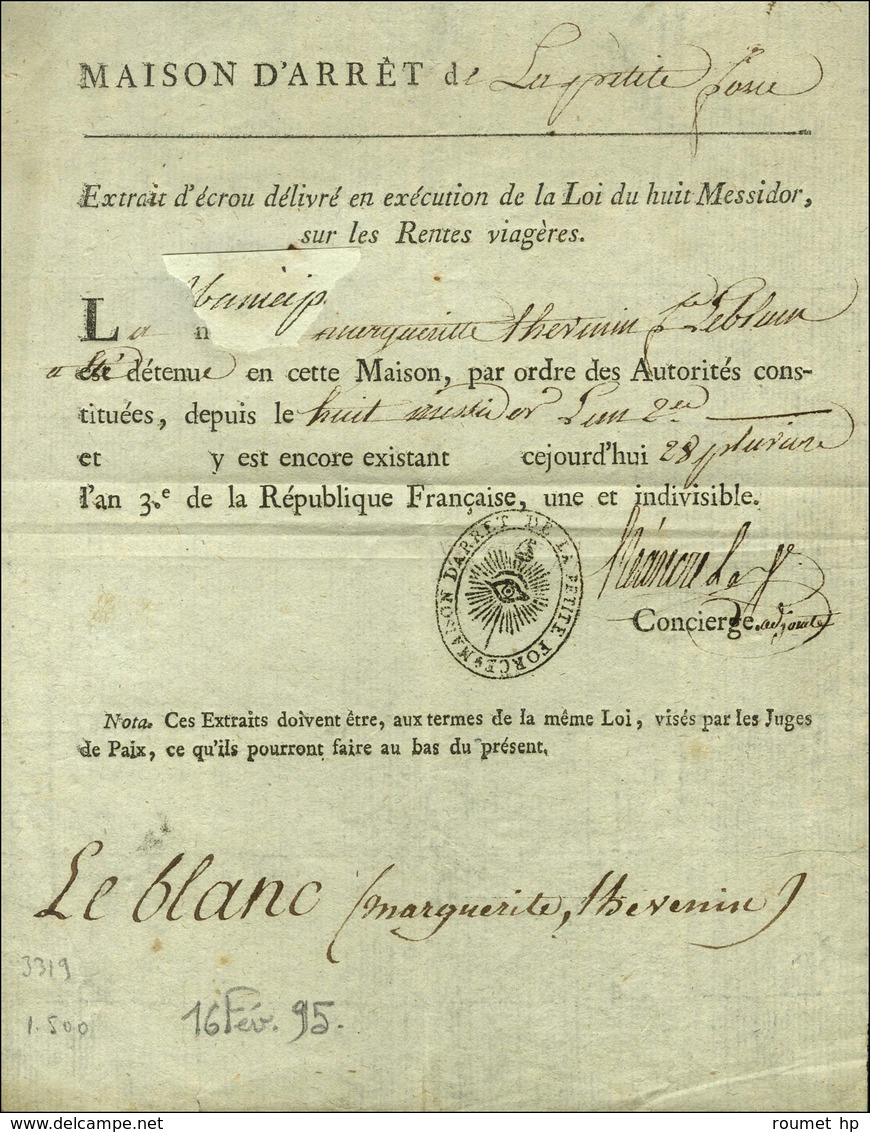 MAISON D'ARRET DE LA PETITE FORCE (S N° 9529B) Sur Document Daté Du 28 Pluviôse An 3 Avec Signature Du Concierge. - TB / - Lettres Civiles En Franchise