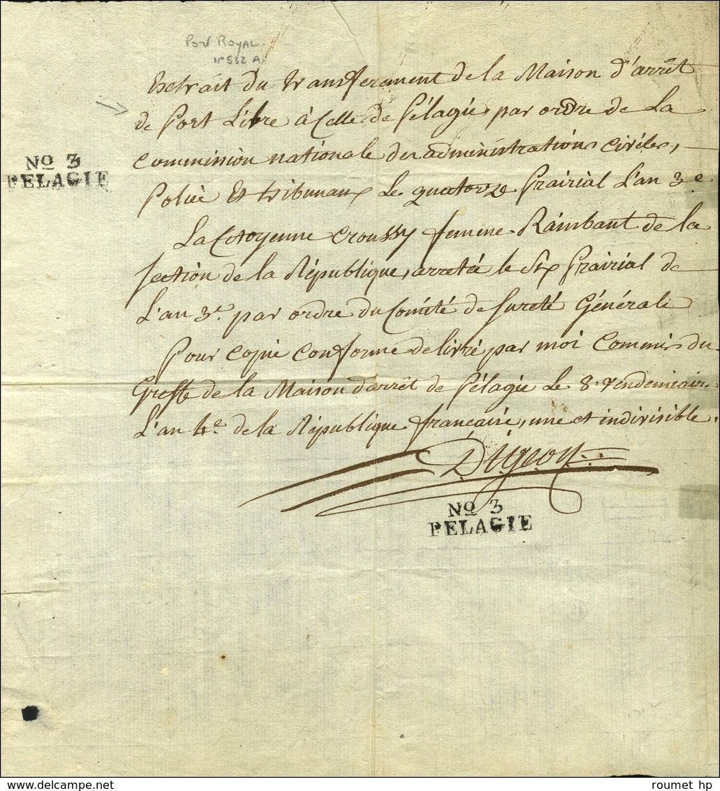 N° 3 / PELAGIE (S N° 9533B) Sur Document De La Maison D'arrêt De Pélagie Daté Du 8 Vendémiaire An 4. - TB / SUP. - R. - Lettres Civiles En Franchise