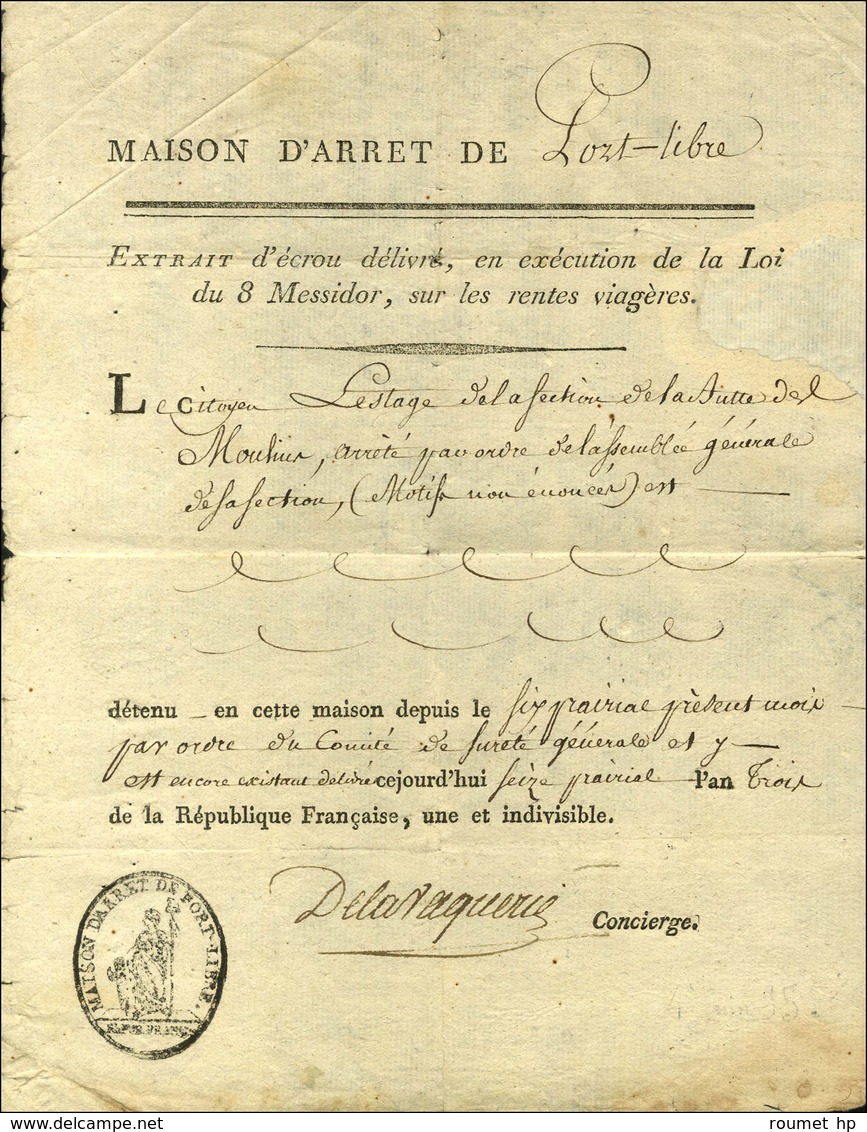 MAISON D'ARRET DE PORT-LIBRE (S N° 9588A) Sur Document De La Maison D'arrêt De Port-Libre Daté Du 16 Prairial An 3 Avec  - Lettres Civiles En Franchise