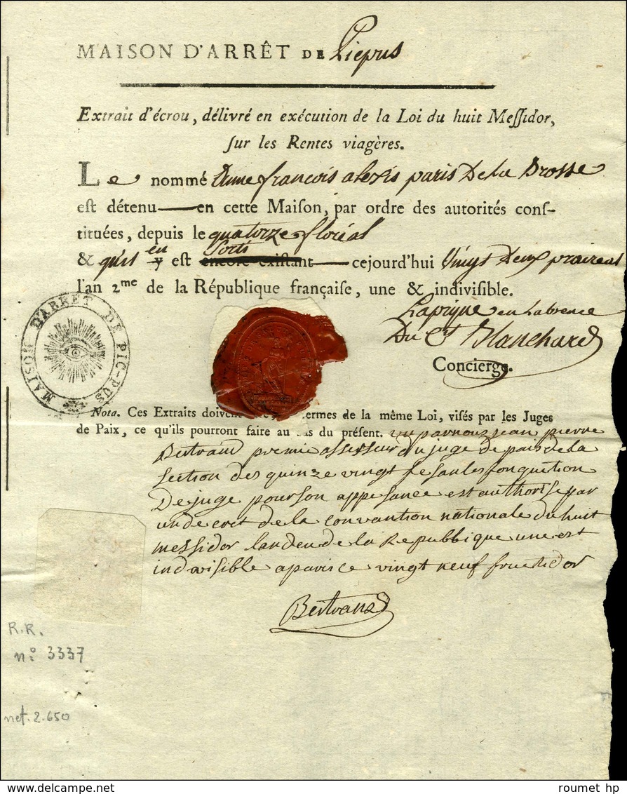 MAISON D'ARRET DE PIC-PUS (S N° 9595B) + Cachet De Cire COMITE DE SALUT PUBLIC Sur Document De La Maison D'arrêt De Picp - Lettres Civiles En Franchise