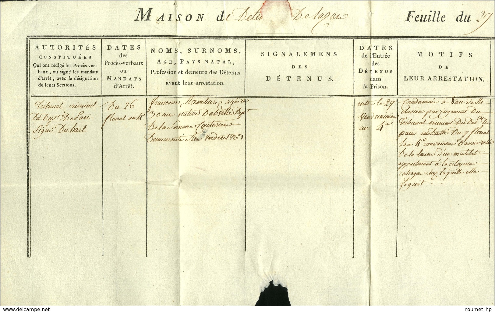 MAISON DE DETENTION DE FEMMES (S N° 9642) Au Verso D'une Lettre De La Maison De Détention De Lazare. An 4. - TB / SUP. - - Lettres Civiles En Franchise