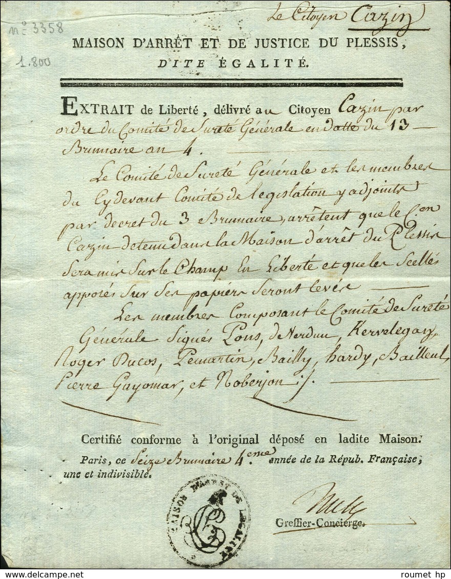 MAISON D'ARRET DE L'EGALITE (S N° 9664B) Sur Document Imprimé MAISON DE JUSTICE DU PLESSIS Daté Du 13 Brumaire An 4 + Si - Lettres Civiles En Franchise