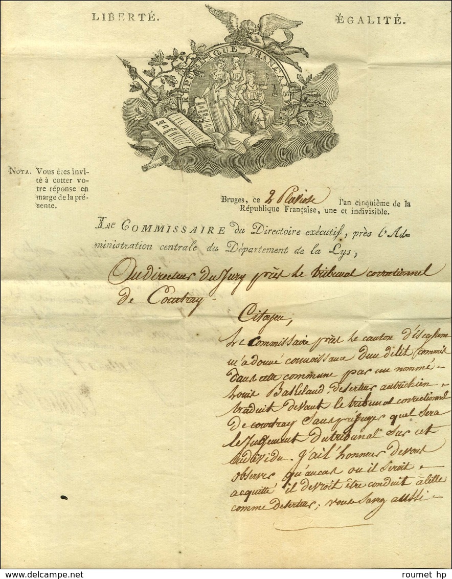 91 / BRUGES + Dept De La Lys Rouge Sur Lettre Avec Texte Et Belle Vignette Daté De Bruges An 5. - TB / SUP. - 1792-1815: Départements Conquis
