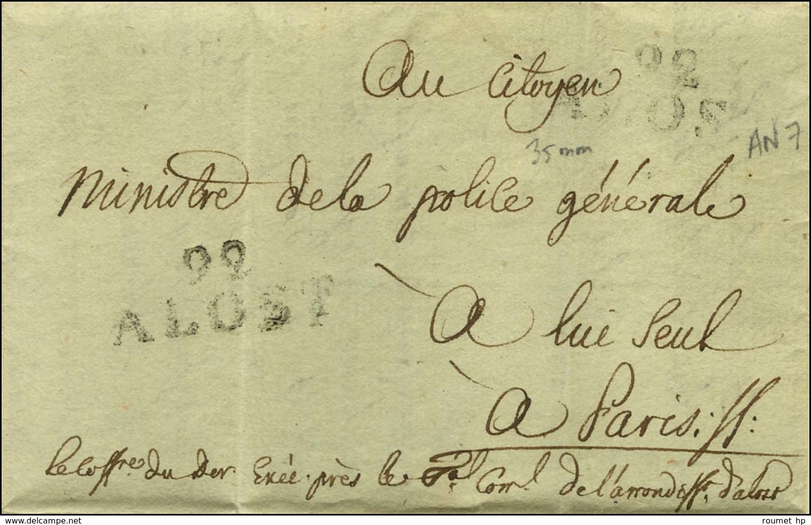 92 / ALOST (35 Mm) Sur Lettre Avec Texte Et Belle Vignette Datée An 7. - TB. - 1792-1815: Départements Conquis