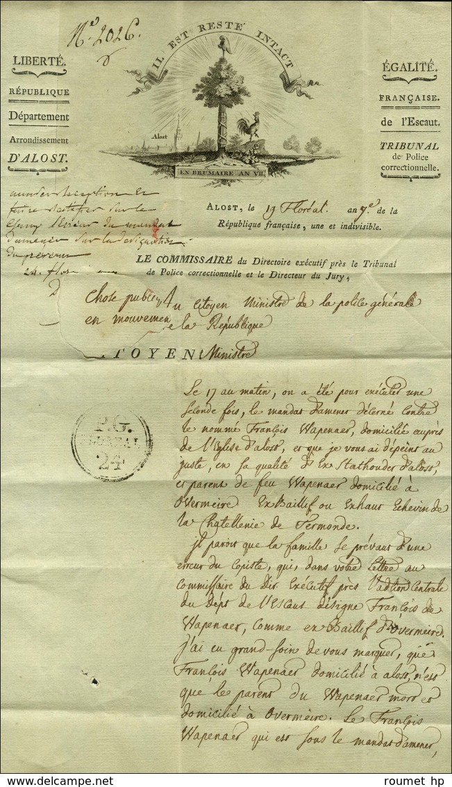 92 / ALOST (35 Mm) Sur Lettre Avec Texte Et Belle Vignette Datée An 7. - TB. - 1792-1815: Départements Conquis