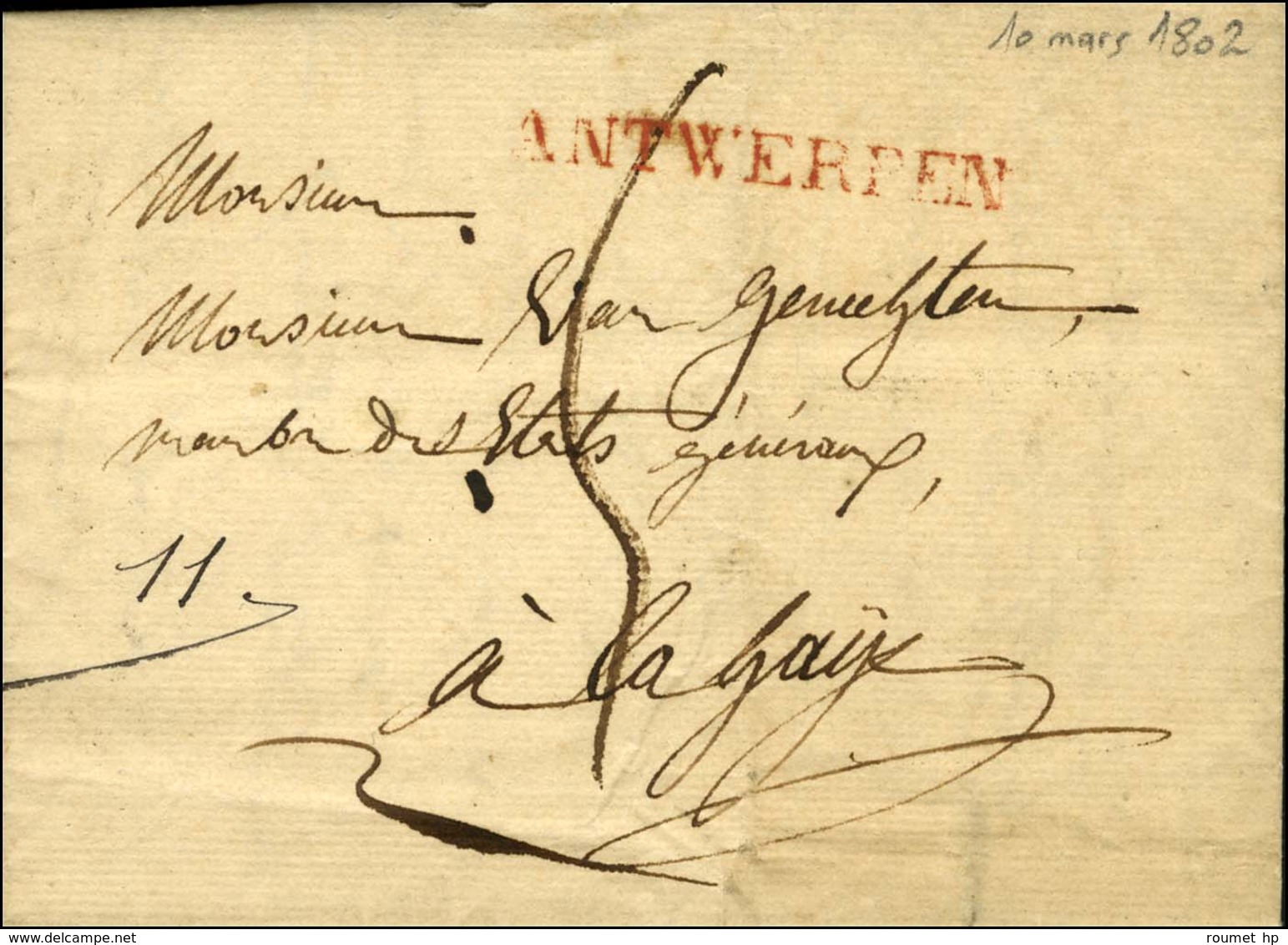 ANTWERPEN (R) Sur Lettre Avec Texte Daté Anvers Le 10 Mars 1802 Non Signalée Dans La Période Française. - TB / SUP. - 1792-1815: Départements Conquis