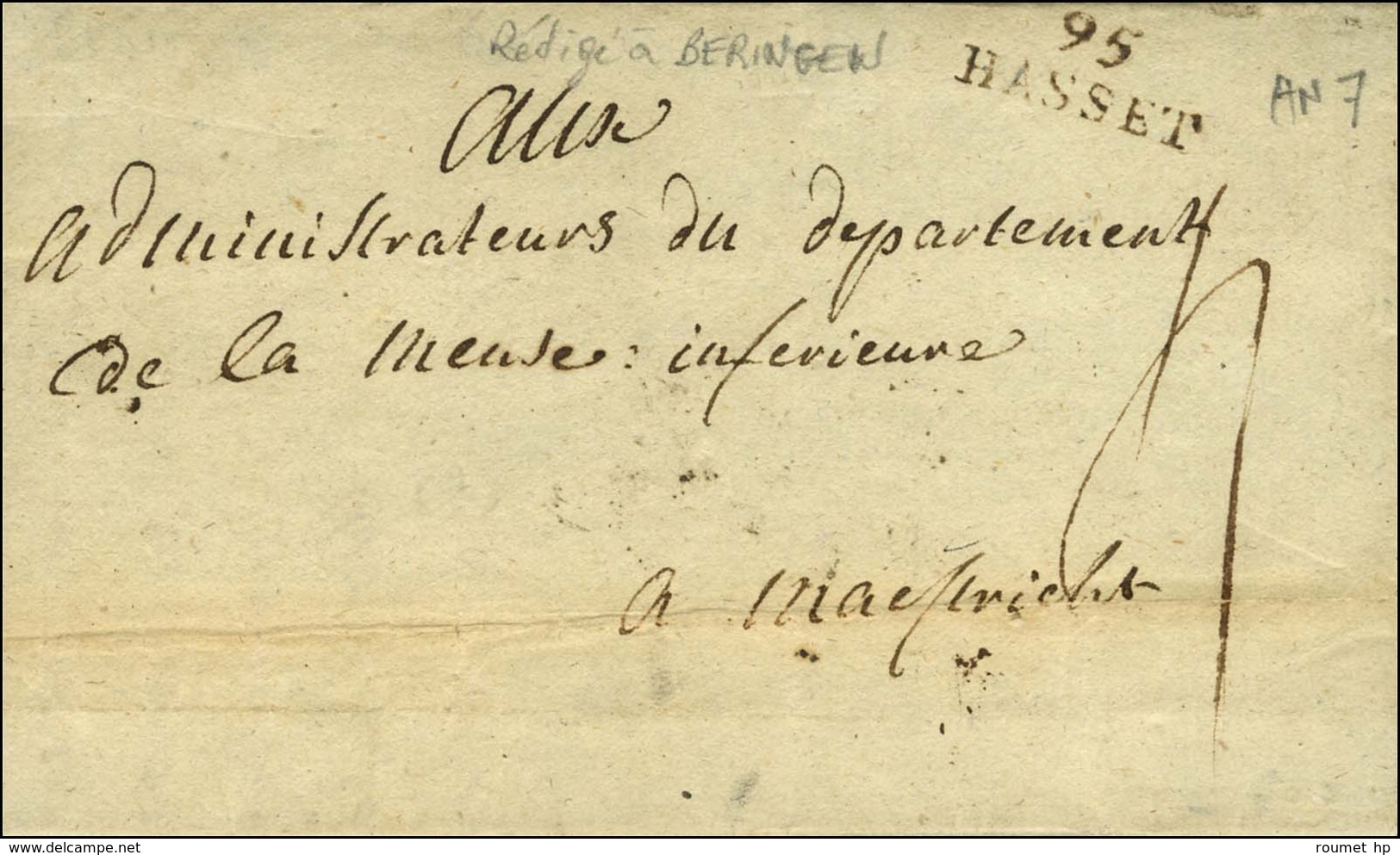 95 / HASSET Sur Lettre Avec Texte Daté De Beringen Ce 28 Frimaire An 7. - TB / SUP. - 1792-1815: Départements Conquis