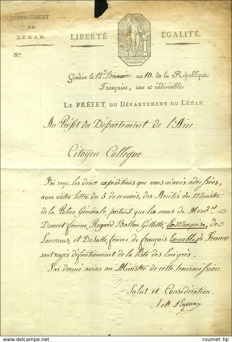99 / GENEVE Sur Lettre Avec Belle Vignette Et Franchise ' Préfet / Dépt Du Léman '. An 10. - SUP. - 1792-1815: Départements Conquis